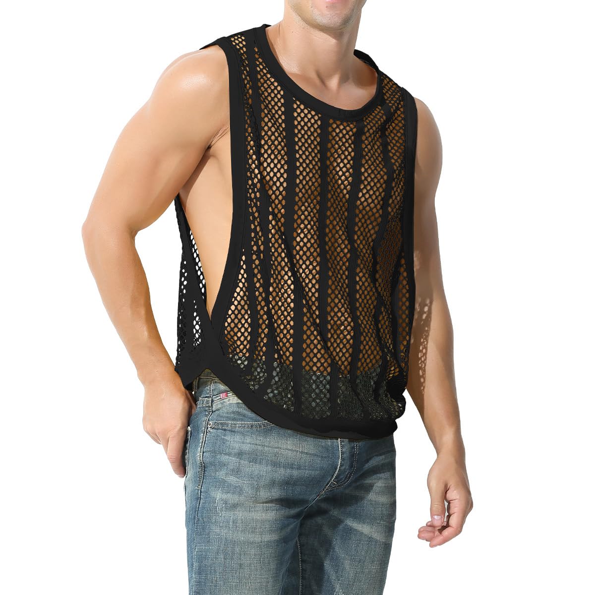 Durchsichtiges Fischnetz-Tanktop für Herren, ärmellos, gestreift, Netzstoff, enganliegend, Muskel-Top, Workout, Strand-Shirt