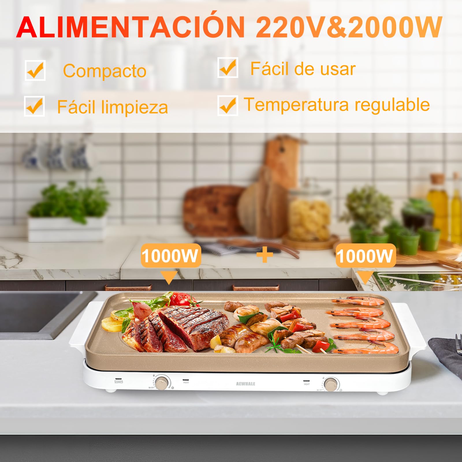 AEWHALE Cocina Eléctrica Portátil doble 2000 W,15.24 Cm de Diámetro, con Una Placa de Cerámica Antiadherente Extraíble y 5 Niveles de Regulación de Temperatura