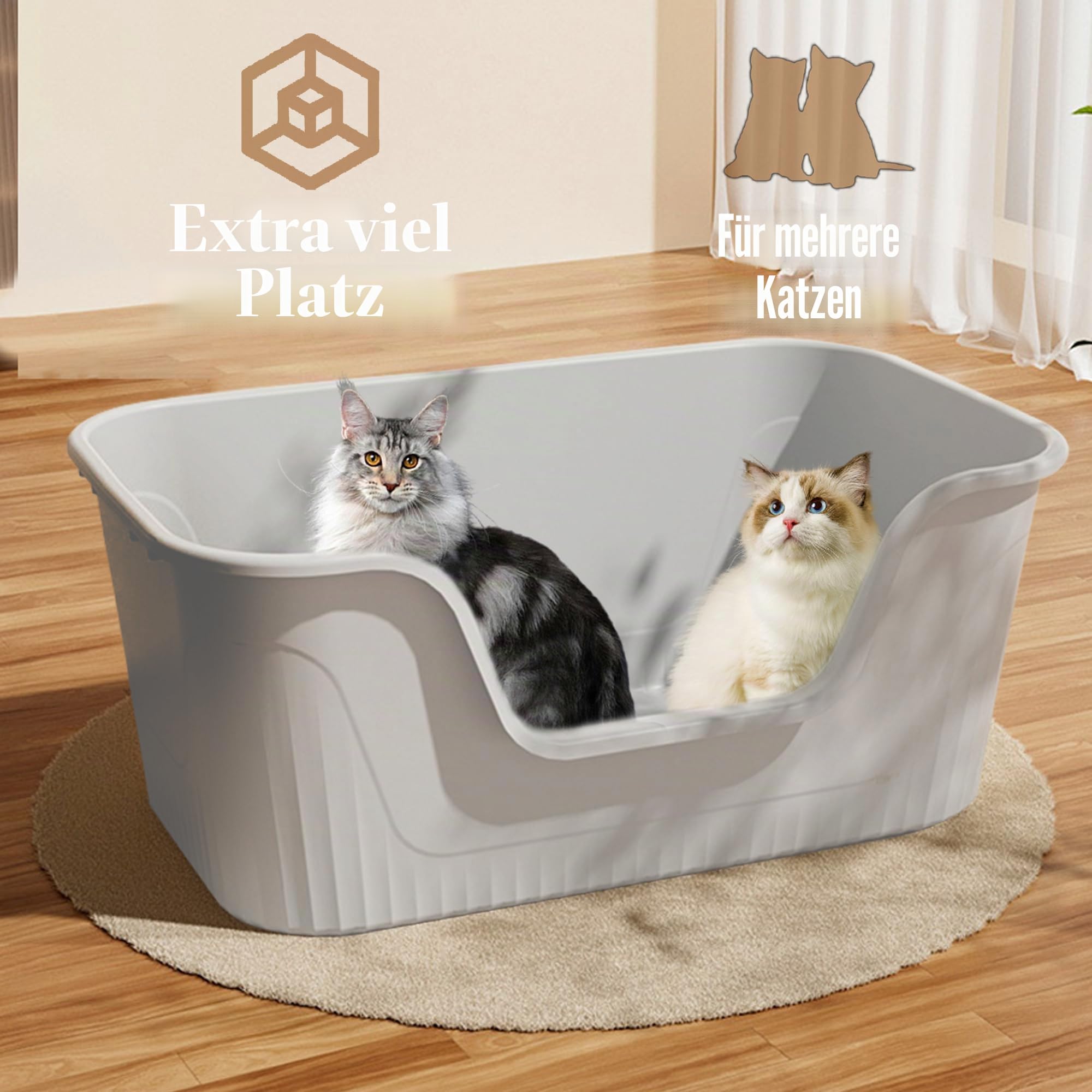 Vealind Extra große Katzentoilette mit hohen Seiten und niedrigem Einstieg, 64 x 45 x 33 cm, 100% auslaufsicher, Anti-Spritzer, XL (Grau)