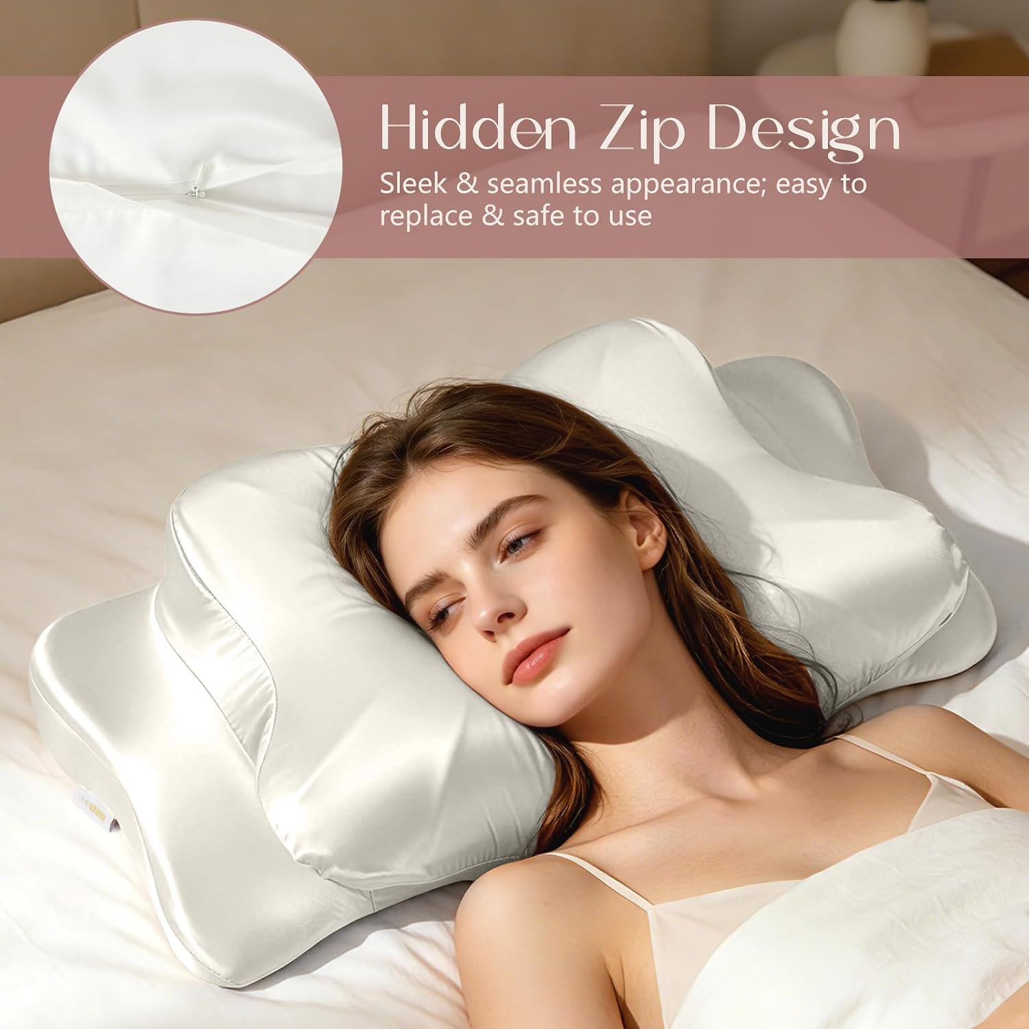 ZIMASILK 22 Momme Mulberry Silk Cervical Pillow Case with Hidden Zipper, 6A Grade Pure Silk Pillow Cover for Side Back Stomach Sleepers, Pillowcase Only, 1pc (Ivory)