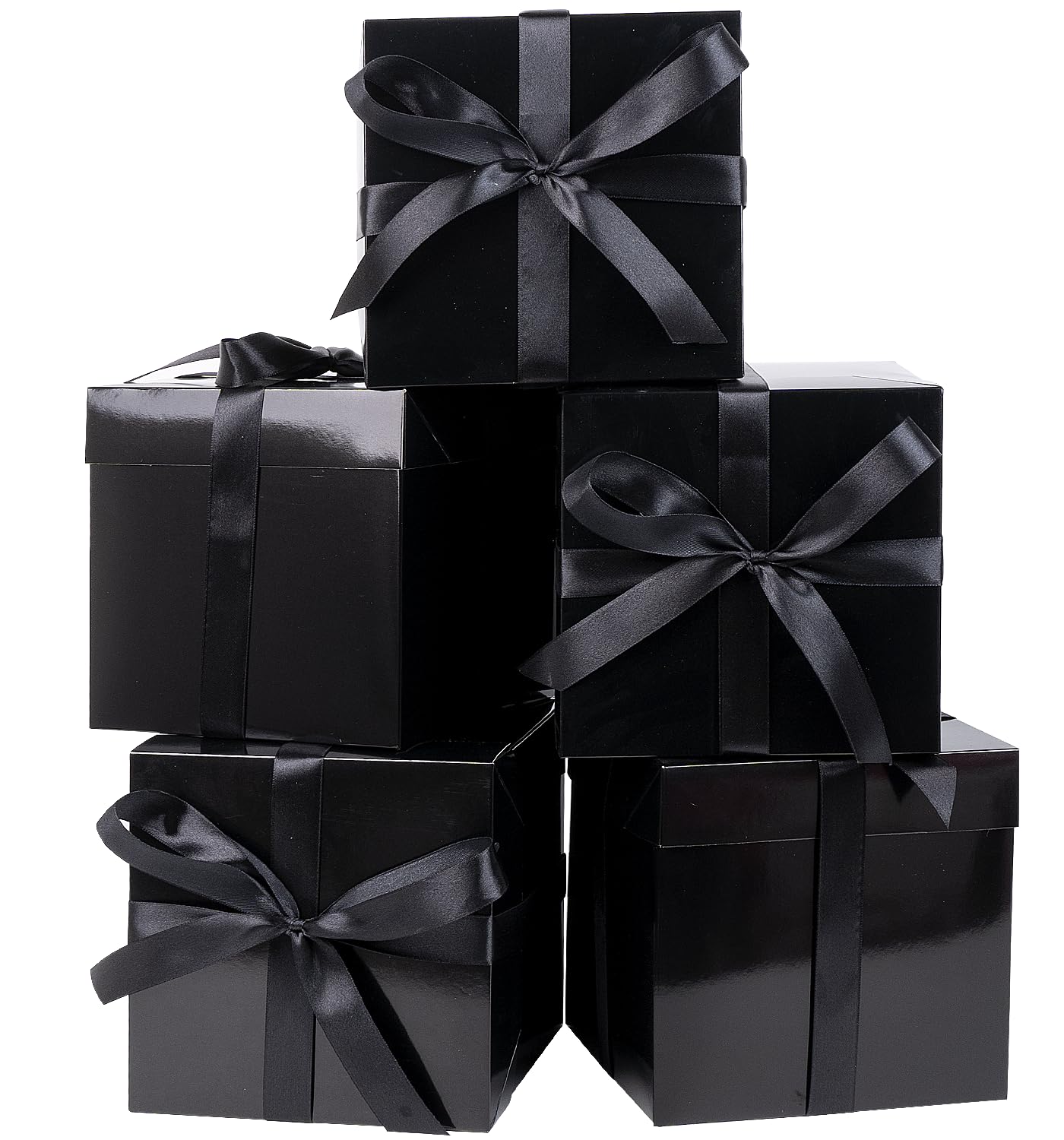 Jaywayang 5 Pack Black Gift Boxes with Lids, Ribbons and Tissue Papers Square Gift Boxes - 7.1 Inch - Birthday, Wedding, Presents Wrapping, Father's