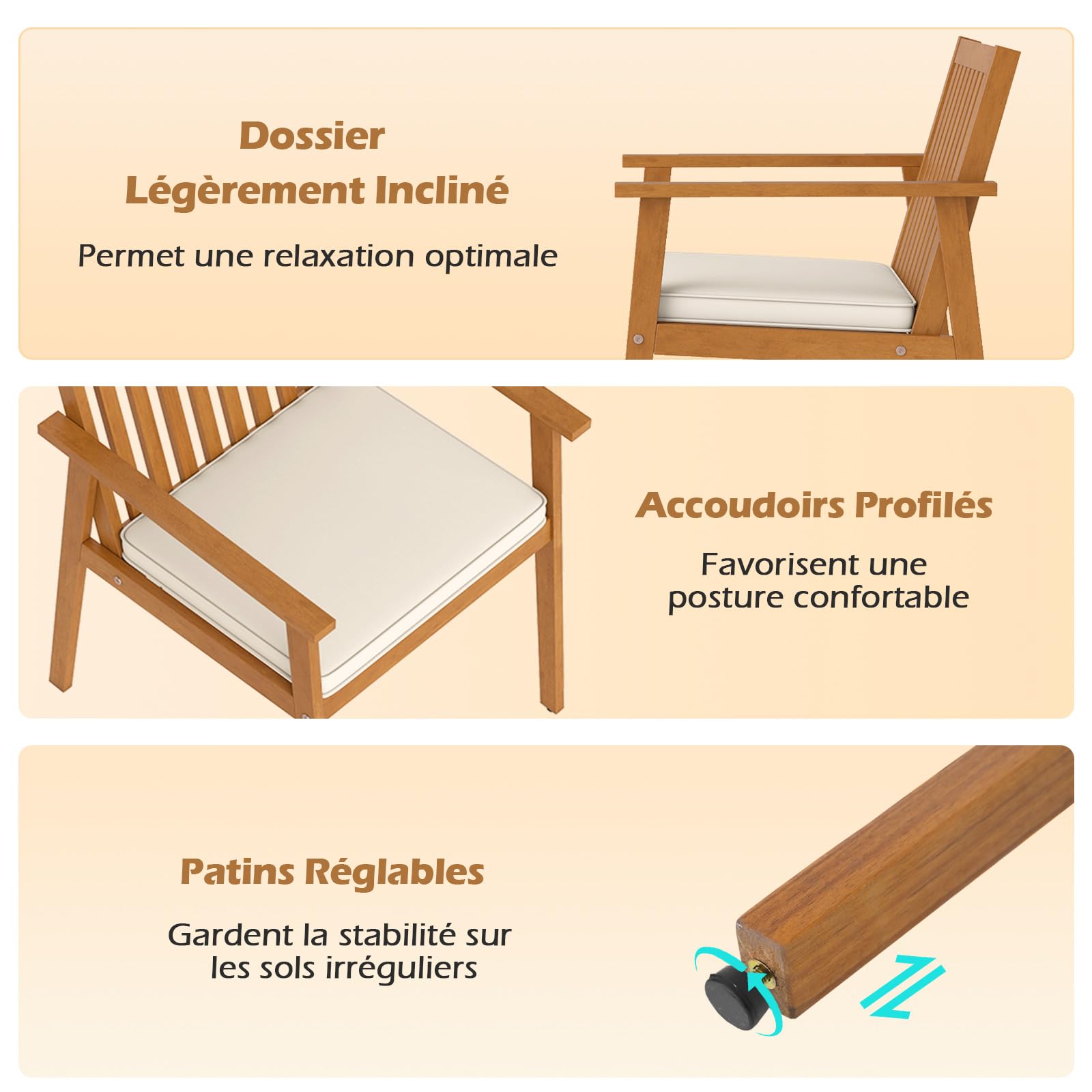 COSTWAY Lot de 2 Chaises de Jardin en Bois d'Acacia, Charge 180 kg, Naturel