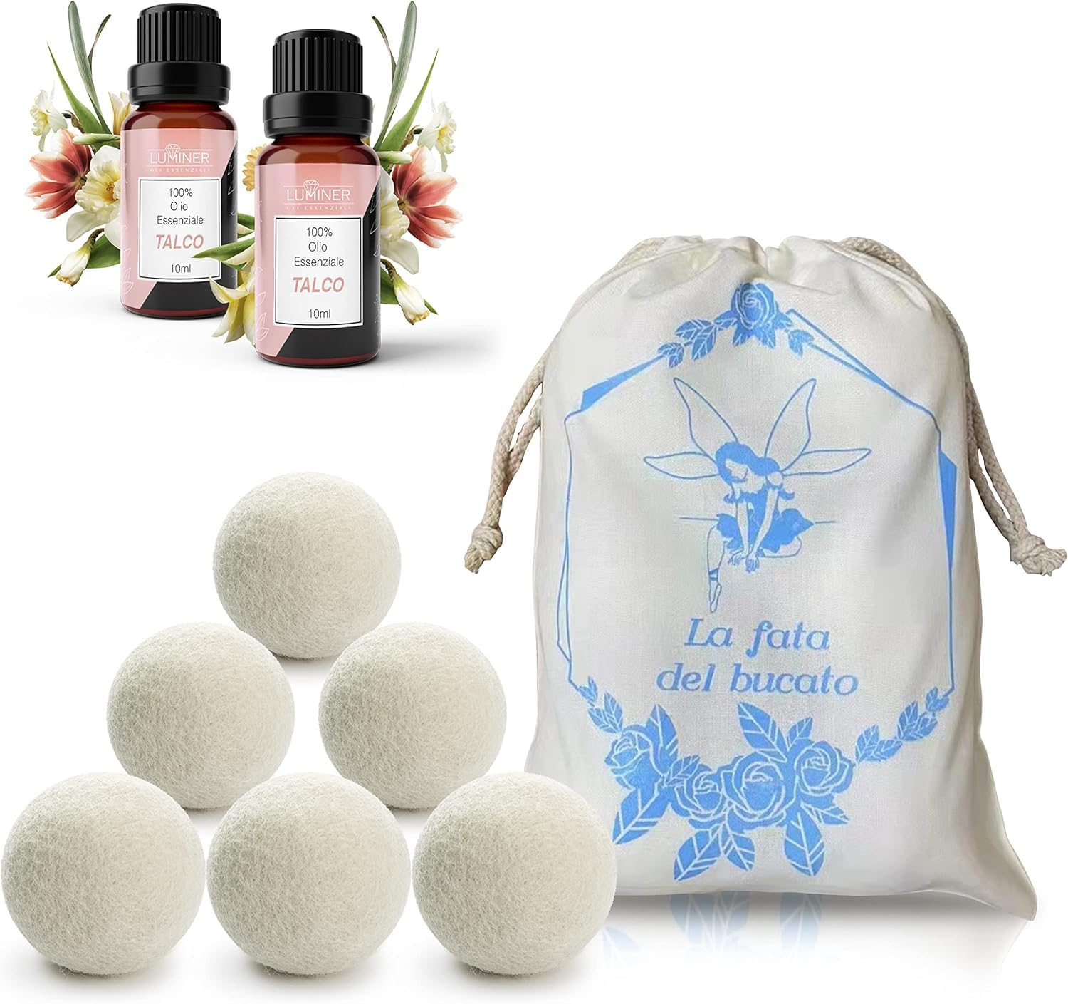 LUMINER Boules de Séchage en Laine x6 – Anti-Froissage, Anti-Statique, Attrape-Cheveux, 2 Huile Essentielle de Talc, Réutilisables pour Sèche-Linge