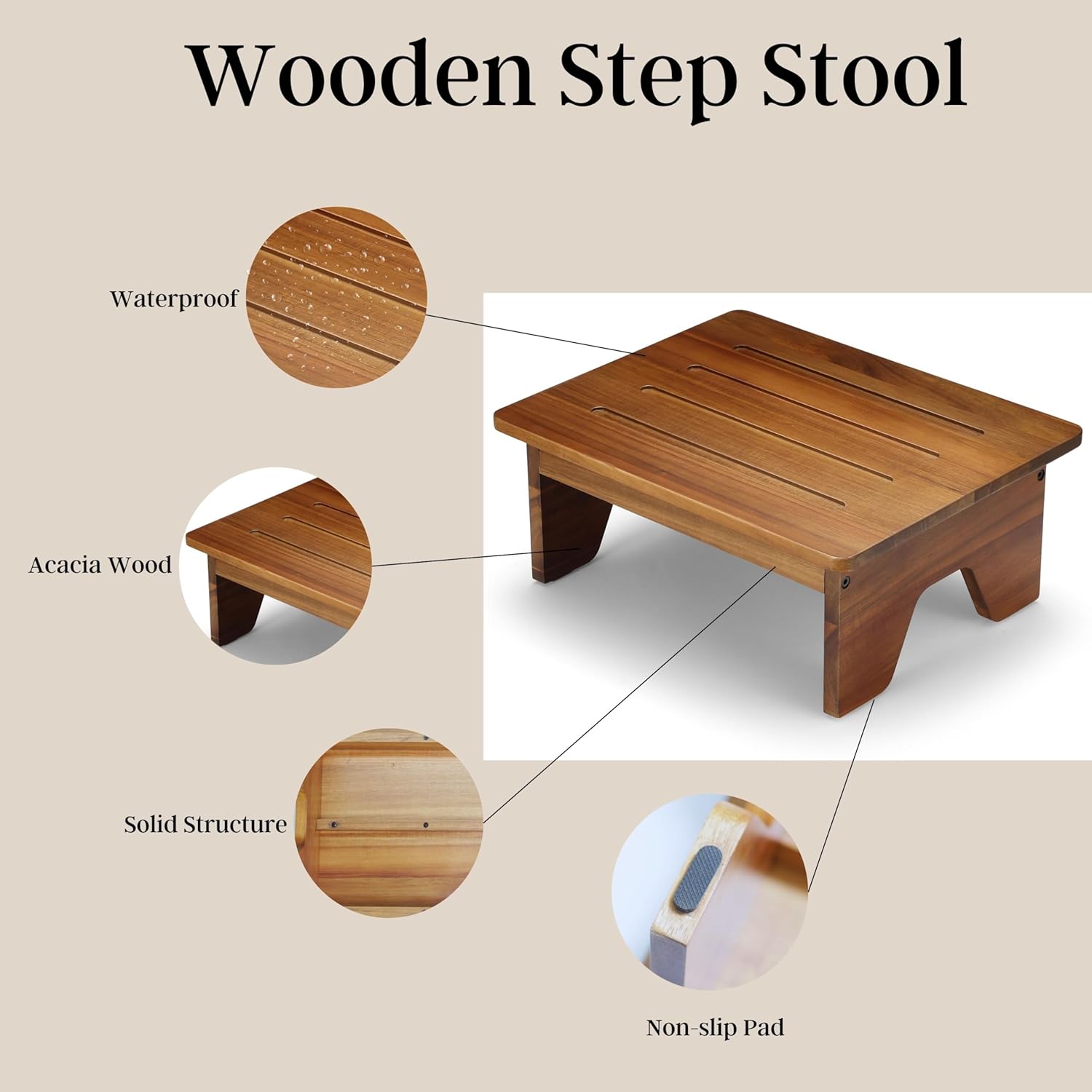 Perfnique Wooden Step Stool, 6.5" One Step Stool for Adults Kids Elderly, 300lb. Load Non-Slip Acacia Wood Step Stools for High Beds, One Step Ladder for Bedroom, Kitchen, Bathroom (Natural,6.5in)