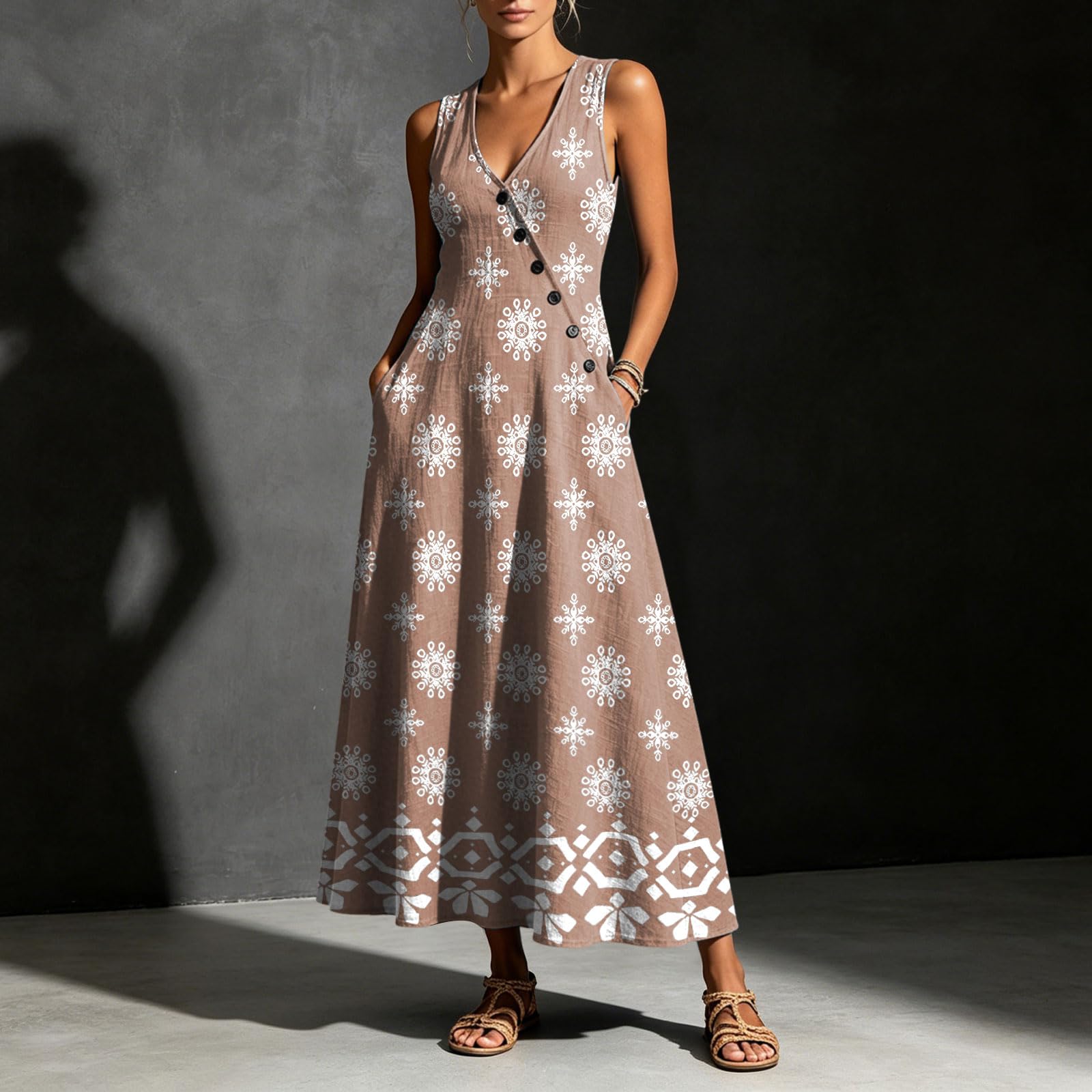 Generico Vestiti Estivi Donna Abito Estivo Donna Lungo Scollo a V con Stampa Casual Vestiti Senza Maniche Abiti Lunghi Cotton Comodo Morbido e Traspiranti Mare Vacanze Estive Spiaggia Tutte Occasioni