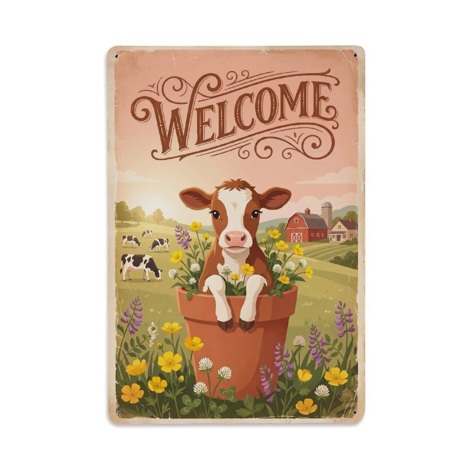 Cxhjca 8X12inch(20X30cm) Vintage Welcome Calf Meadow Scene Metal Tin Sign