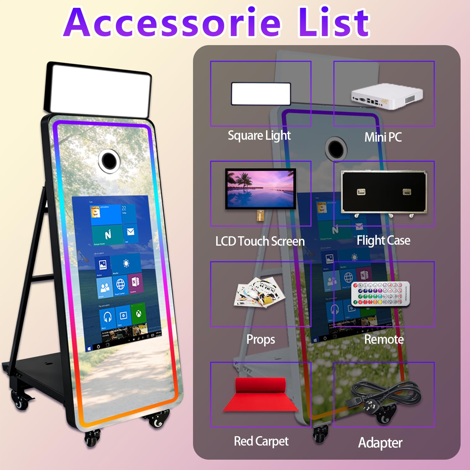 Lustrzana fotobudka 163 cm, interaktywny ekran dotykowy 82 cm z kwadratowym światłem i światłem RGB, wbudowany mini PC, fotobudka fotograficzna na wydarzenia (czarna, fotobudka)