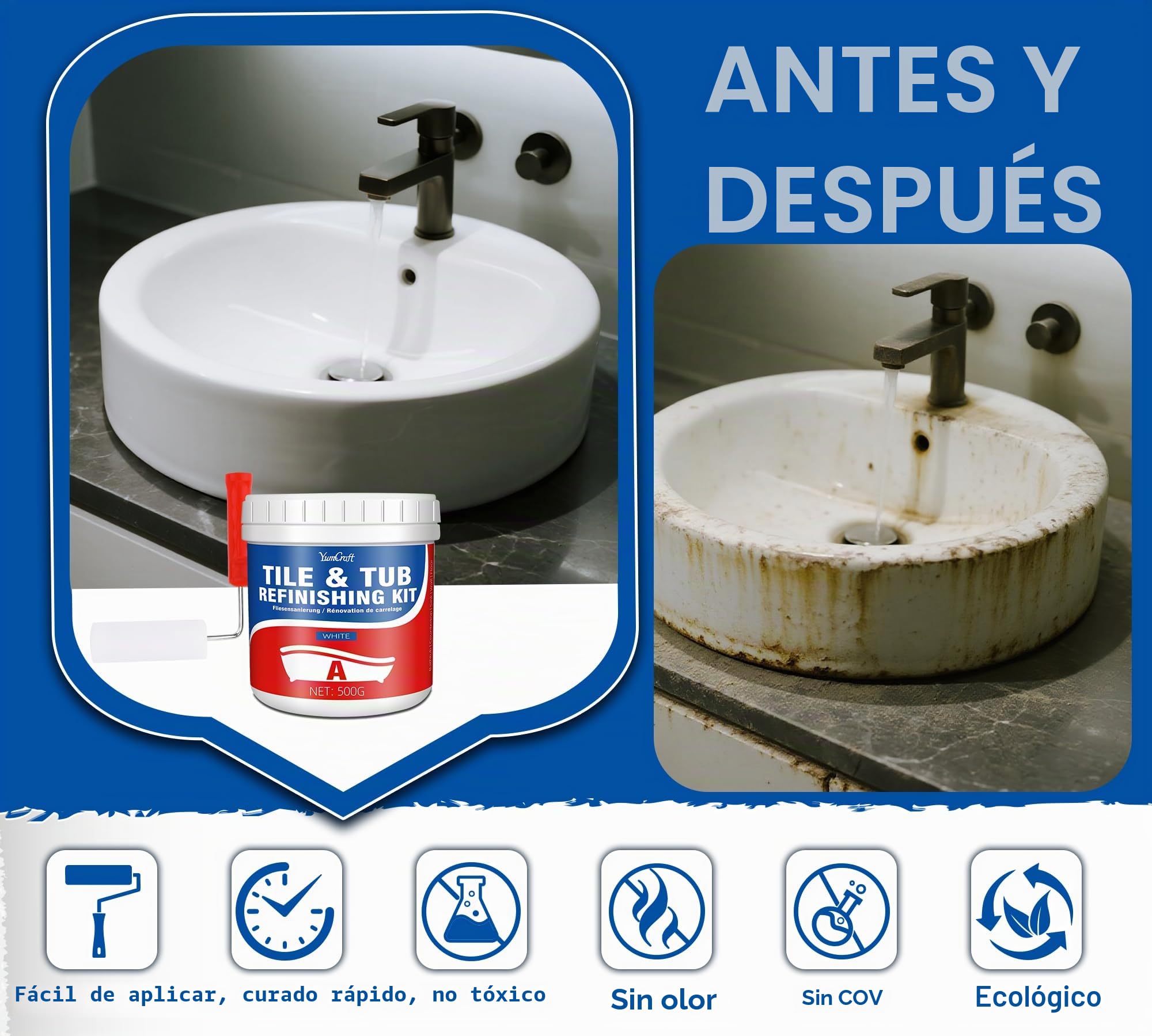 Kit Para Renovar BañEras y Azulejos, Pintura de 500g Con Herramientas y Endurecedor - Pintura Blanca Semibrillante Para BañEra, Encimera, Lavabo, Cocina, Porcelana y Suelo