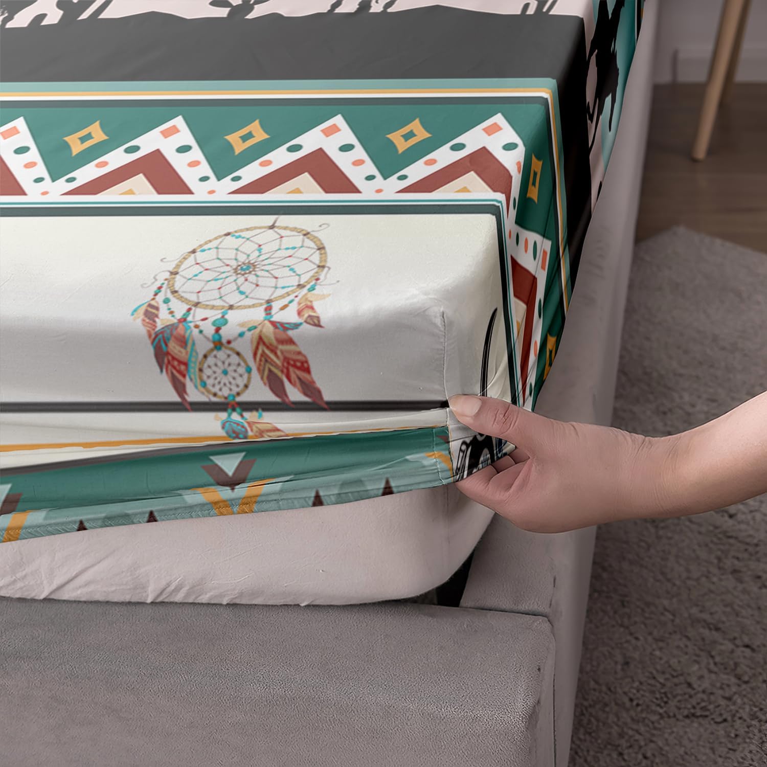 HOSIMA Western Bedding Sets,Longhorn Skull Dream Catcher Boho Bedding Twin Bed in a Bag Sets for Adults Kids Cowboy Tribal Western Decor,Geometric Multicolor Teal Twin Fitted Sheet.