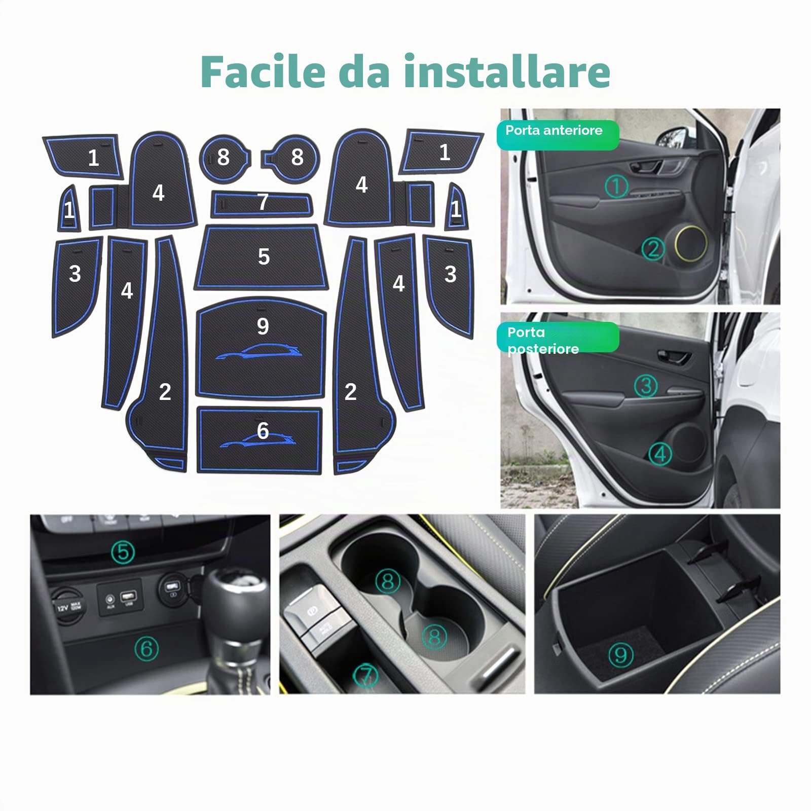 GAFAT Kona/Kona Hybrid 2017-2021 Tappetini in Gomma per Consolle Centrale, Portabicchieri, Cuciture per Porta [Non per Elettriche EV, Non per Nuovo 2022] (Blu)