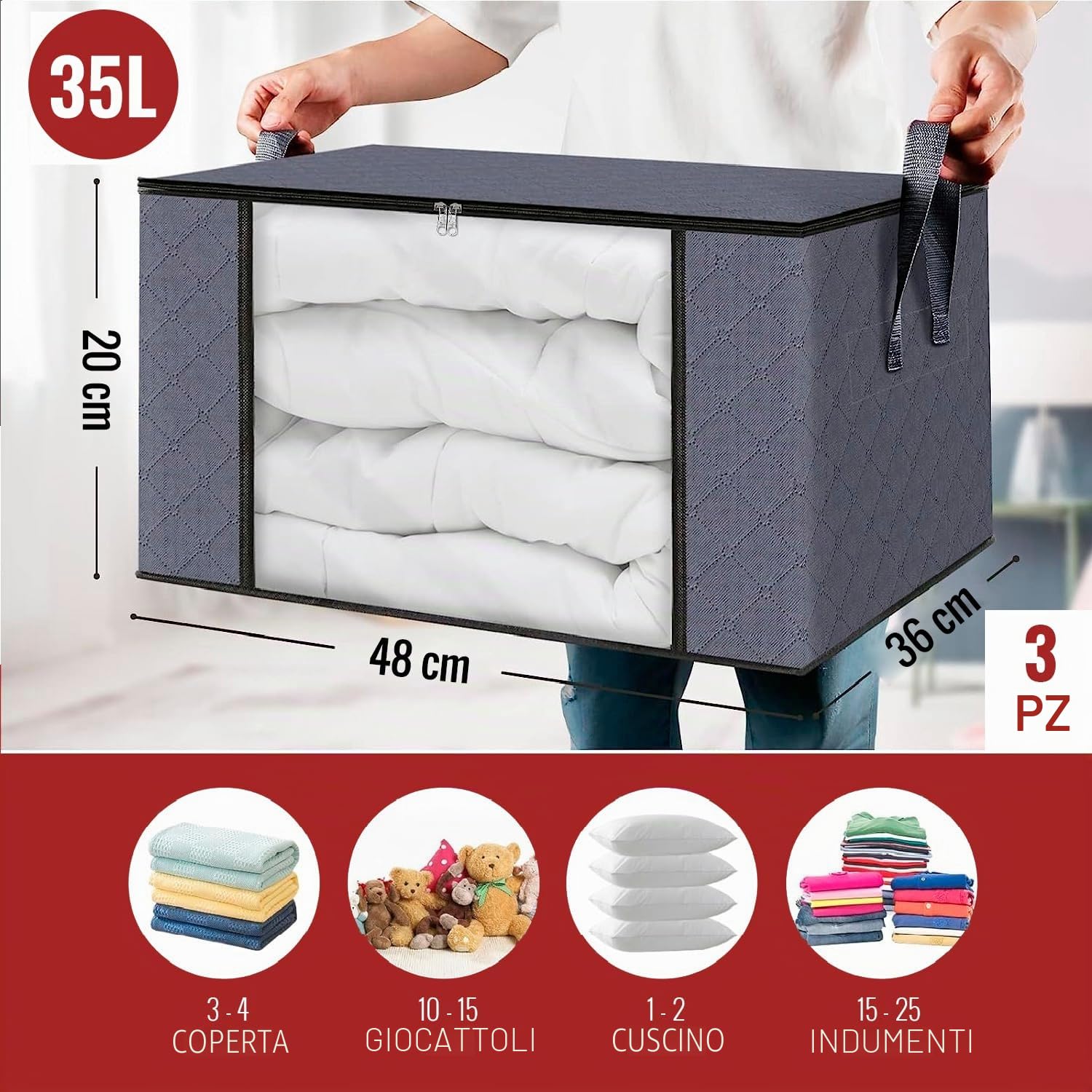 edihome, Scatole per Armadio, (3 unità), Contenitori Sottoletto, Salvaspazio, in Tessuto, Pieghevole, Scatole Vestiti Cambio Stagione (Grigio scuro, Pack di 3)