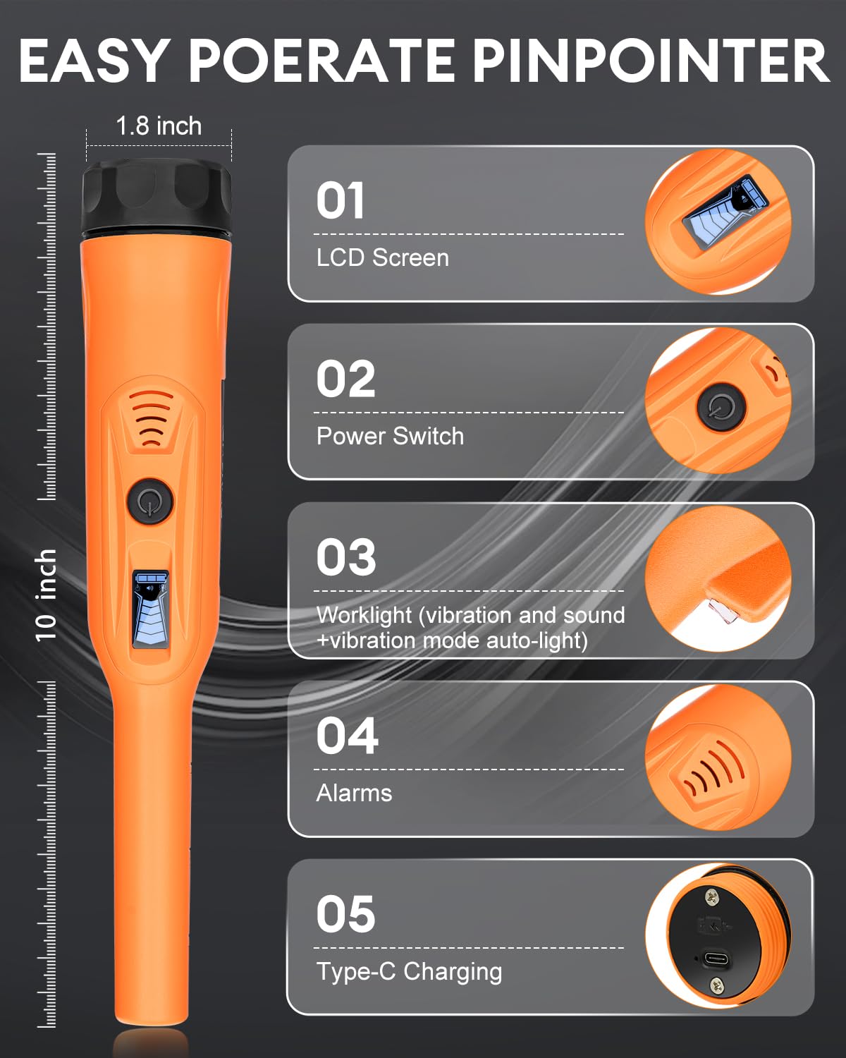 Dmyond Pinpointer detector de metales recargable, batería de 800 mAh, impermeable IP6 | Para adultos y niños, profundidad máxima de detección de hasta 4 pulgadas, 3 modos de alerta, varita puntero de mano, naranja