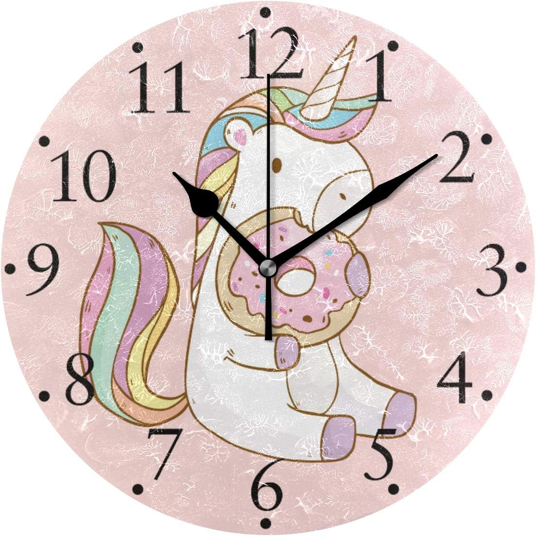 VIKKO Cute Cartoon Unicorn Eating Donuts Wall Clock 9.8 inch Round Battery Operated Decorative Clock for Kitchen School Office