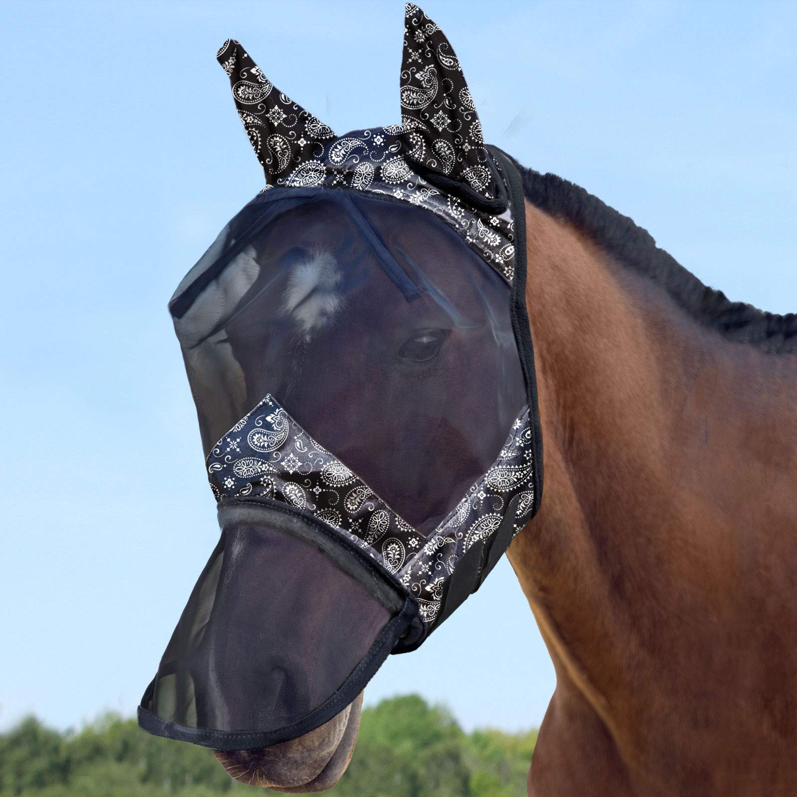Harrison Howard CareMaster Caballo Máscara antimoscas Nariz Larga con Orejas, protección UV para Caballe-Paisley Wave (XL)