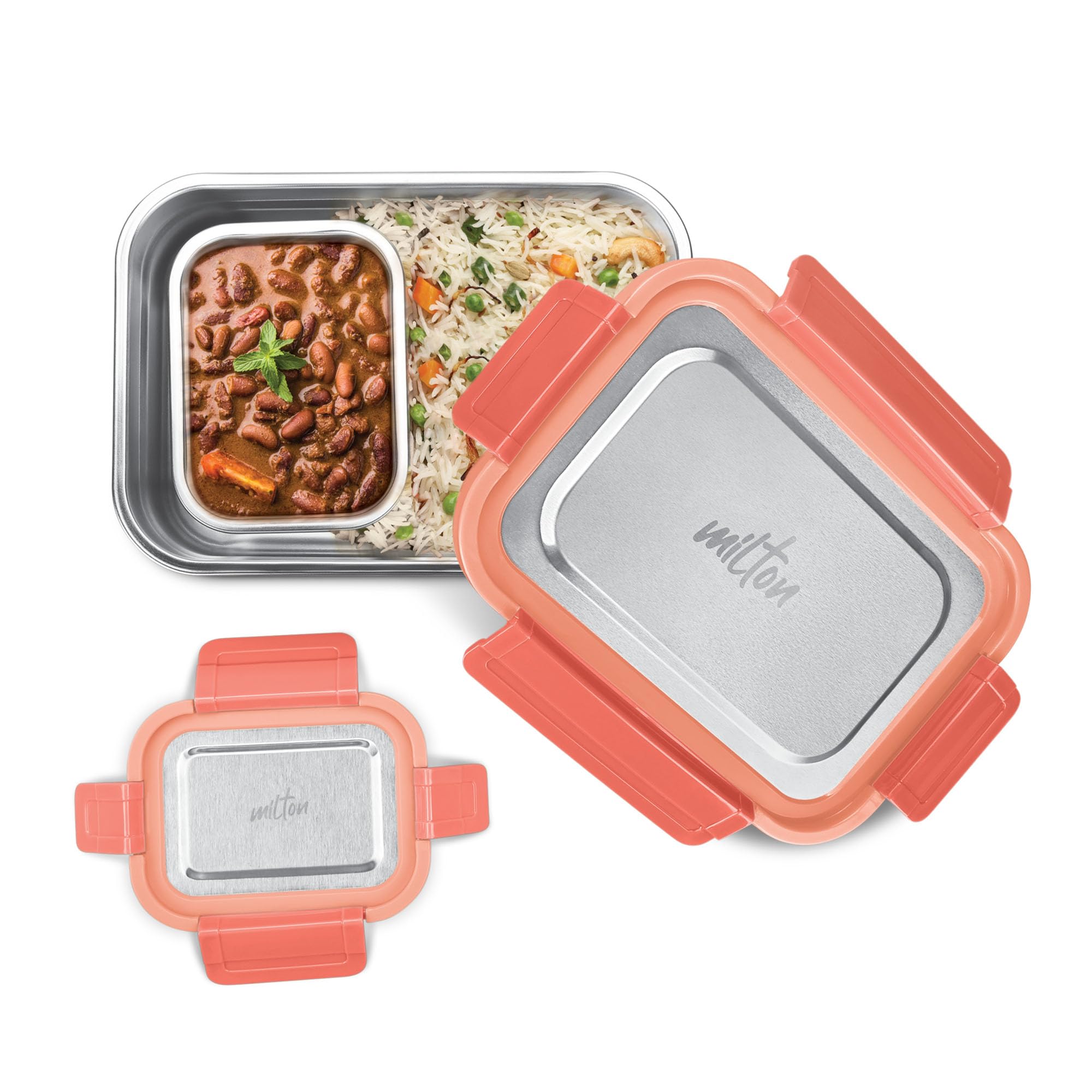 MILTON Home Meal Jr. Stainless Steel Airtight Leak-Proof Lunch Box, Snacks Tiffin for Kids, Light Weight, Easy to Clean, for Office, School, Picnic & Travelling, Set of 2 (770 ml, 180 ml), Red
