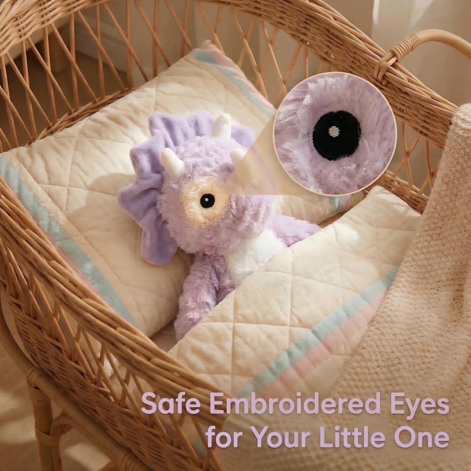 Animales de peluche de dinosaurio púrpura para niñas - 9' de suave triceratops lavanda de peluche, dino seguro para bebés con ojos bordados, compañero de dormir para niños pequeños, regalos de