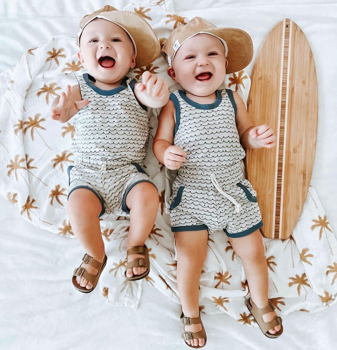 WALLARENEAR Newborn Baby Boys Summer Outfit Wavy Stripe Sleeveless Tank Top Pockets Shorts Set 2Pcs Casual Clothes (White, 18-24 Months)