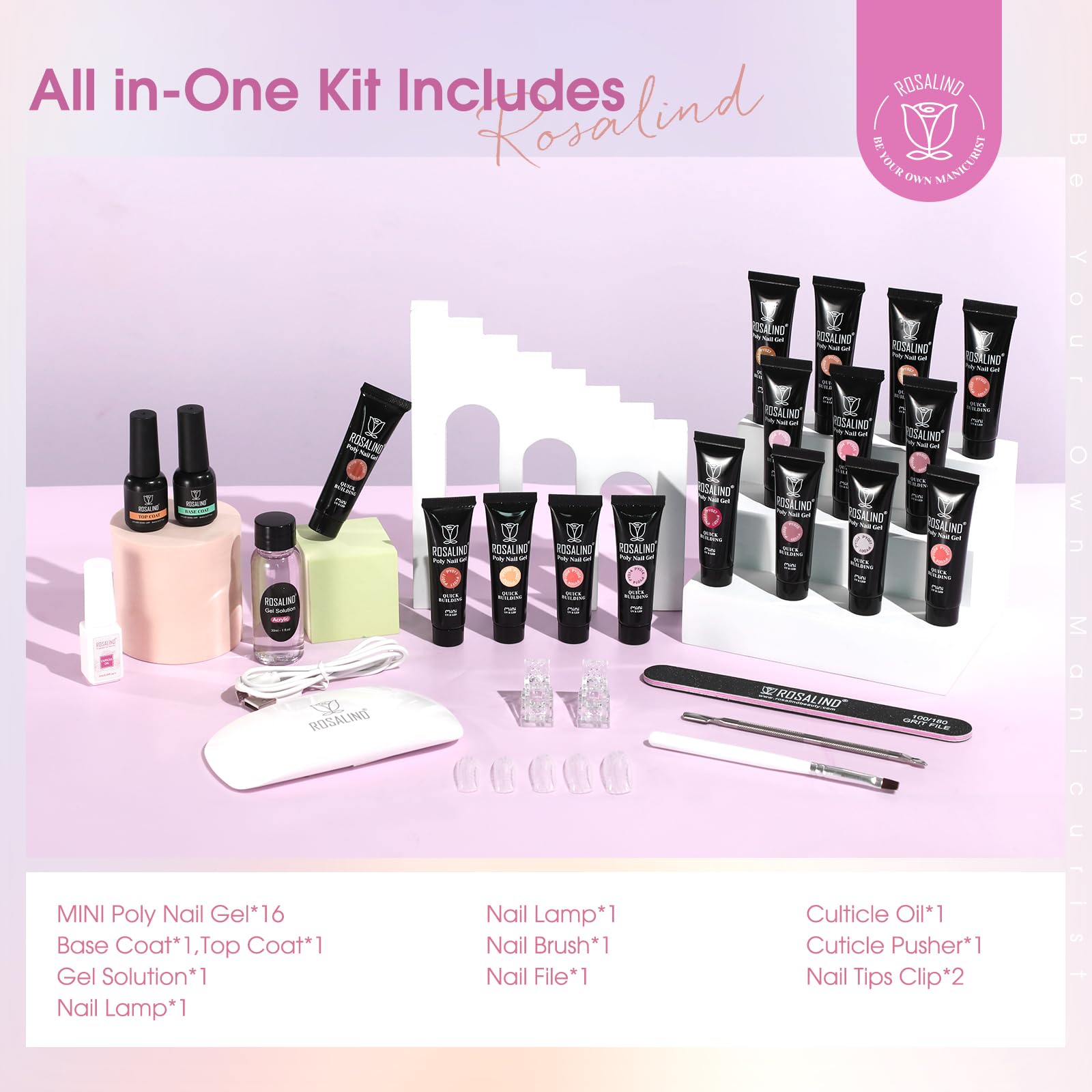 ROSALIND Acrygel Kit Complet, 16 Couleurs 10 ml Gel pour Extension d’Ongle Avec Lampe UV, Base & Top Coat et Outils de Manucure, Gel Construction Ongle UV Set de démarrage pour DIY Nail Art