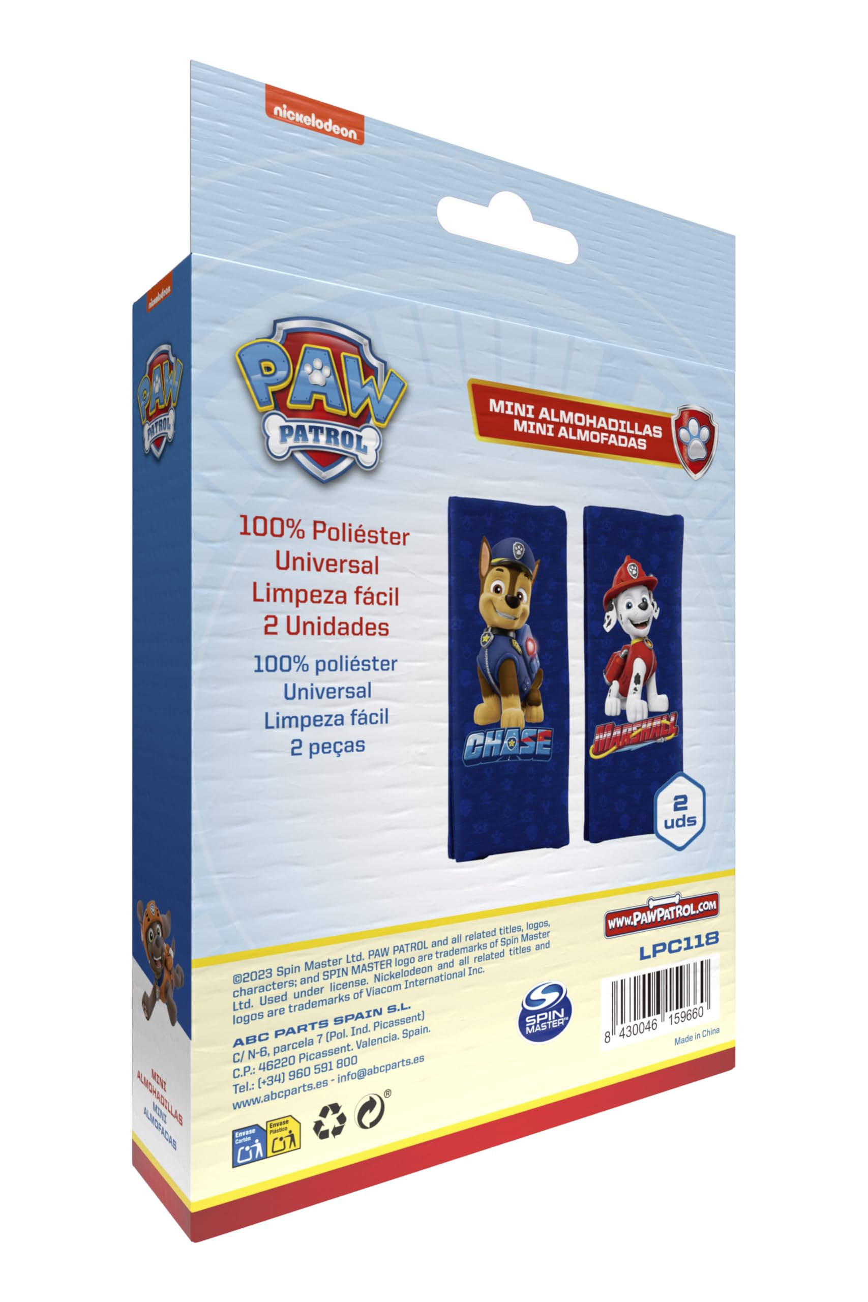 PAW PATROL Zestaw 2 mini nakładek na pasek dla chłopców z Chase i Marshallem nakładki na pas dziecięcy z figurkami Chase i Marshall. Idealne do pasów bezpieczeństwa dzieci. Wyjątkowo wygodne i