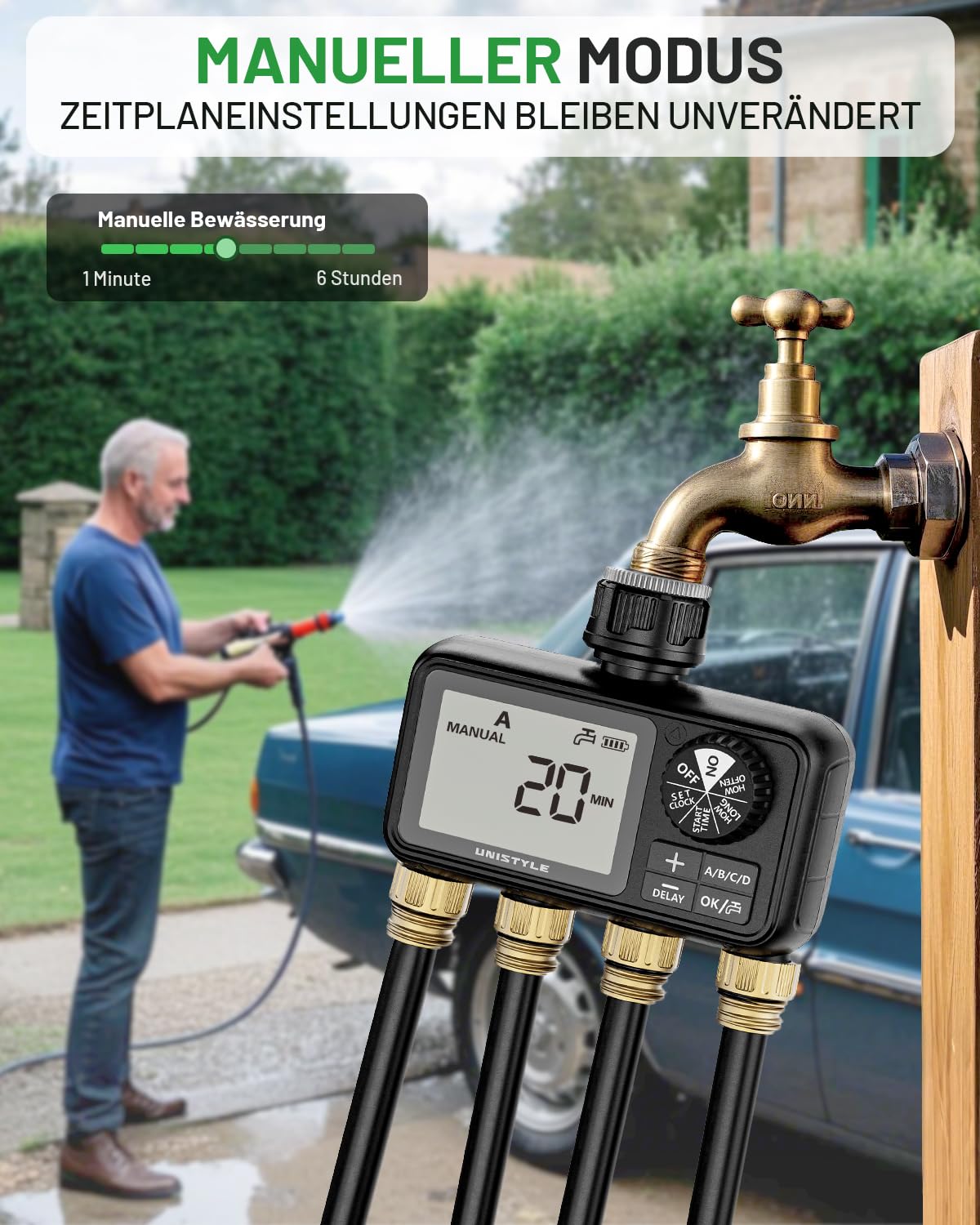 Unistyle Bewässerungscomputer 4 Ausgänge, Automatische Bewässerungsuhr, Rasensprenger Bewässerungssteuerung, Bewässerungssystem für Gartenbewässerung, Wasser Zeitschaltuhr Bewässerung Garten