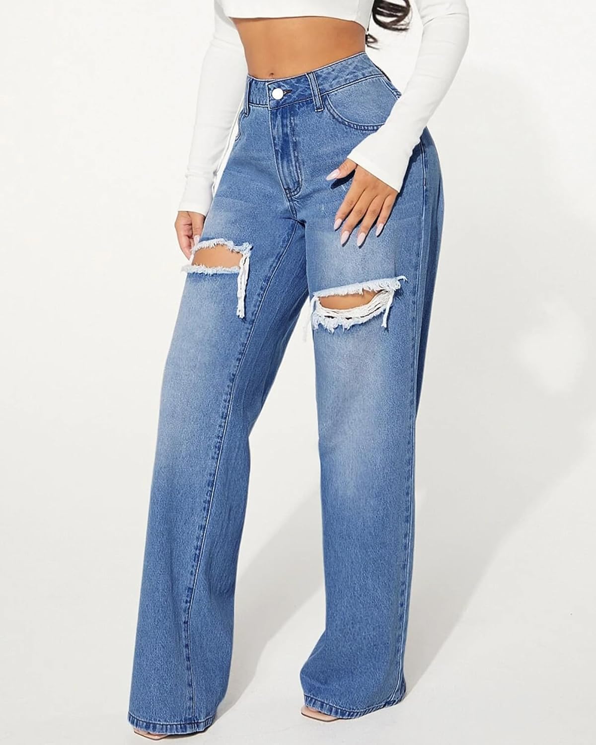 Womens Distressed Straight Leg Jeans High Waisted Wide Leg Baggy Jeans Boyfriend Casual Denim Pants. - Image 2