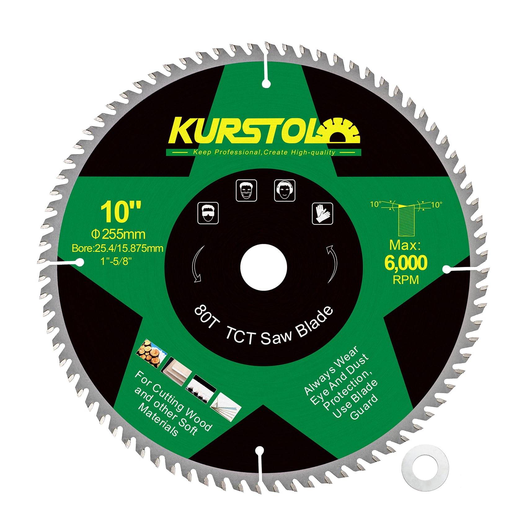 KURSTOL Circular Saw Blade 255mm, 80T ABT Wood Cutting Saw Blade with25.4mm Arbor for Wood Plastic, Plywood, Particle Boards