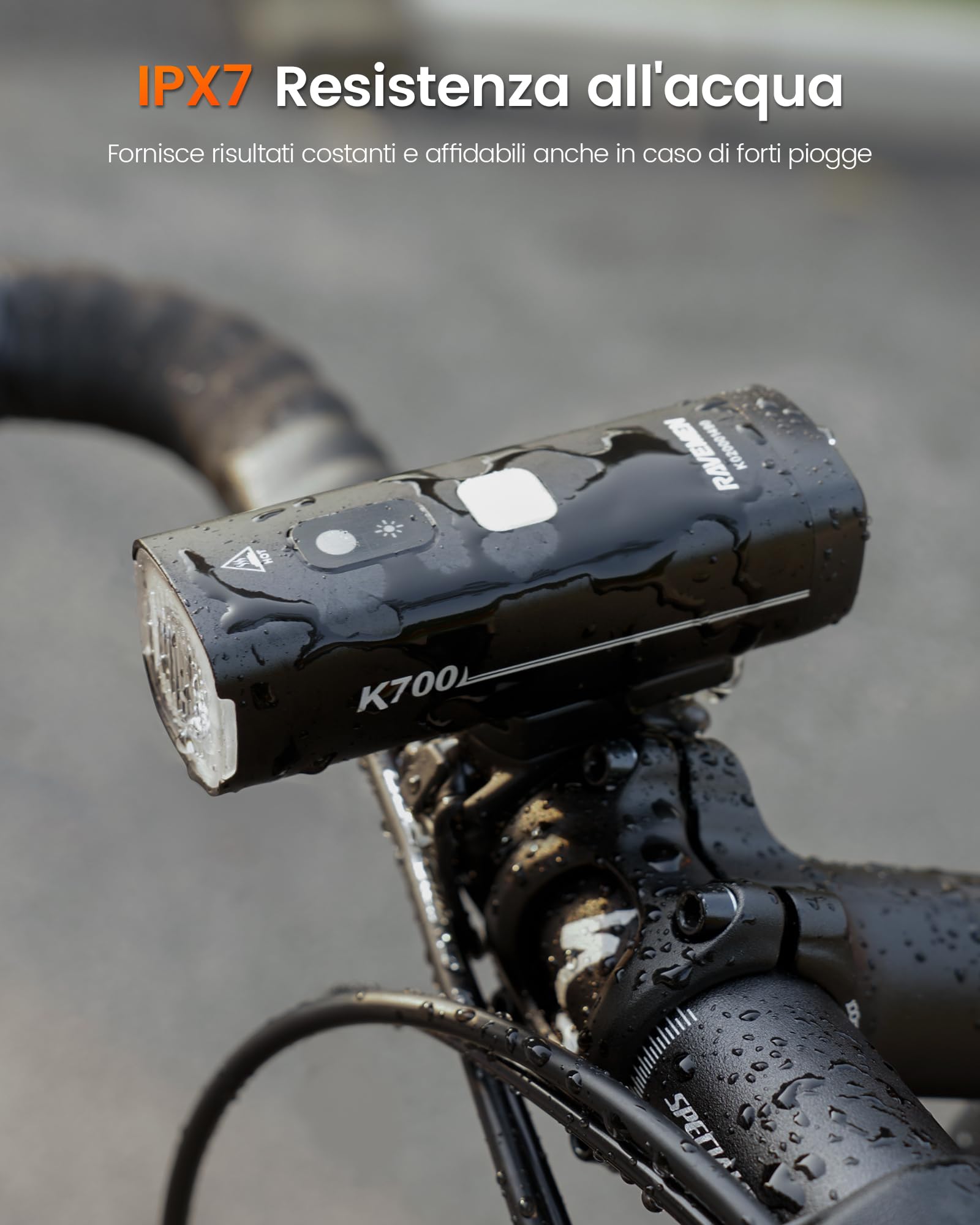 RAVEMEN K700 Luce Anteriore per Bici, 700 Lumen Intelligente Diurna Modalità USB-C Impermeabile IPX7 4 Modalità Adatto per il Pendolarismo, la Guida su Strada e le Strade Sterrate
