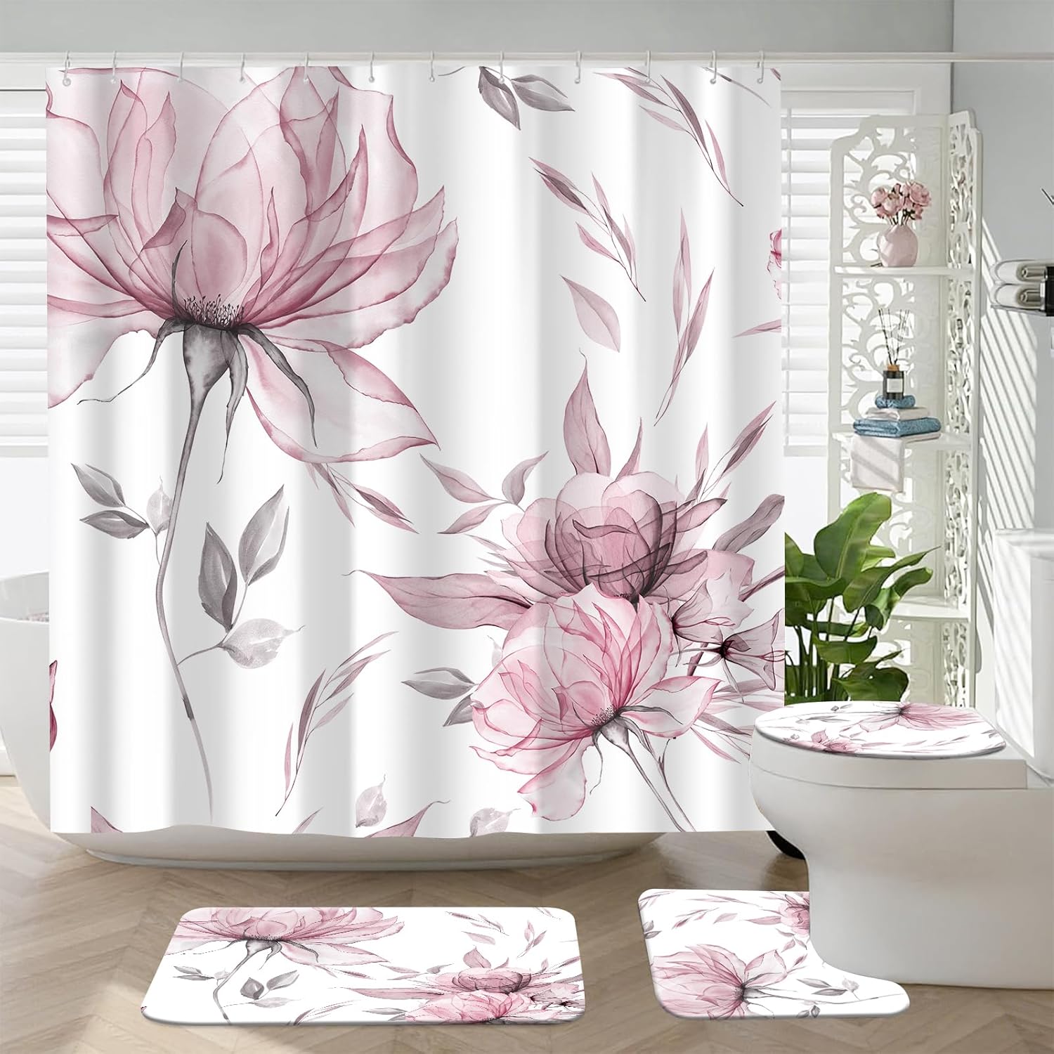 4PCS Pink Grey Watercolor Floral Shower Curtain Set with Rugs, Toilet Lid Cover and Bath Mat, Botanical Flower Fabric Bathroom Accessory Sets Decor, Waterproof 72x72 Curtain with 12 Hooks