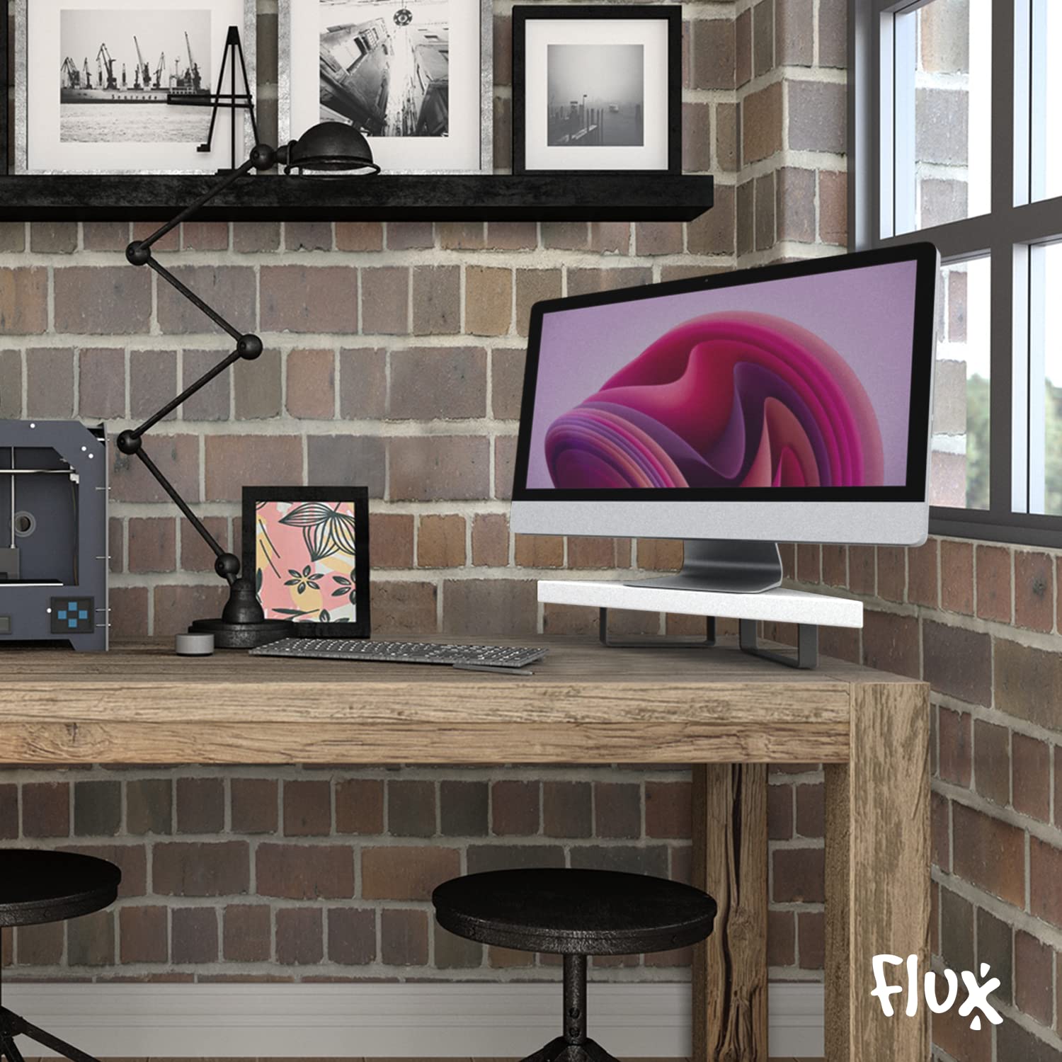 flux Wooden Monitor Stand | Monitor Stand Riser | Laptop Stand | Pc Stand Wooden | Made for Corners ,Material: Particle Board & Metal 23 Inch Shelf size -(45 x 25 x 8.5 cm) (Tringular white) 1
