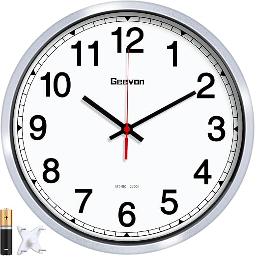 Geevon 12 Inch Atomic Wall Clock - Self-Setting Analog Clock with Automatic Time Sync - Battery Operated for Home Office School - Silver Frame