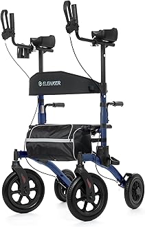 ELENKER All-Terrain Upright Rollator Walker, Stand up Rolling Walker with Seat, 12” Non-Pneumatic Wheels, Compact Folding Design for Seniors (Blue)
