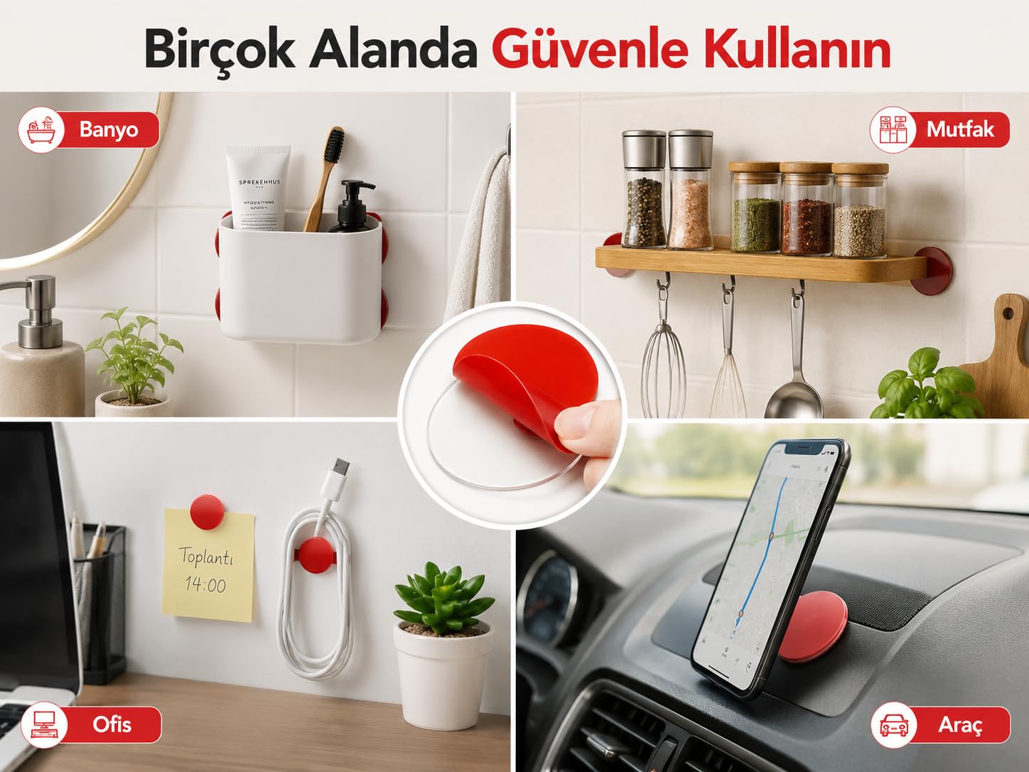 Alper Banyo 50 Adet 35x35 mm Oval Şeffaf Yapışkan Bant, Kırmızı Koruyucu Filmli Güçlü Montaj Pedi, Çift Taraflı İz Bırakmayan Çok Amaçlı Yapışkan Ped