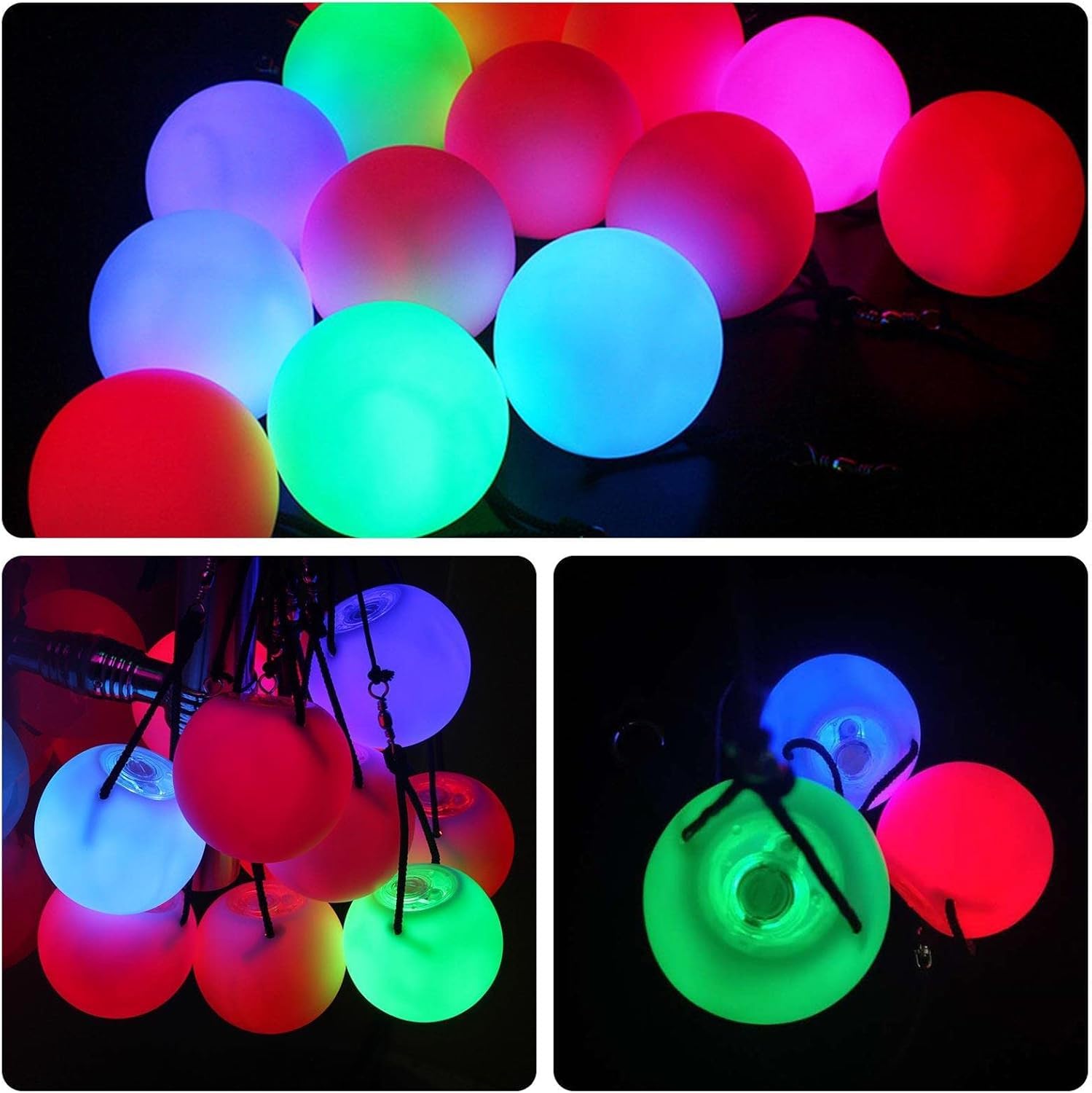 Piłki LED Poi, zestaw 3 kulek LED Glow Poi z efektem stroboskopowym, ulepszone diody LED Poi dla początkujących i profesjonalistów, piłeczki do żonglowania POI z regulowanymi podwójnymi pętlami