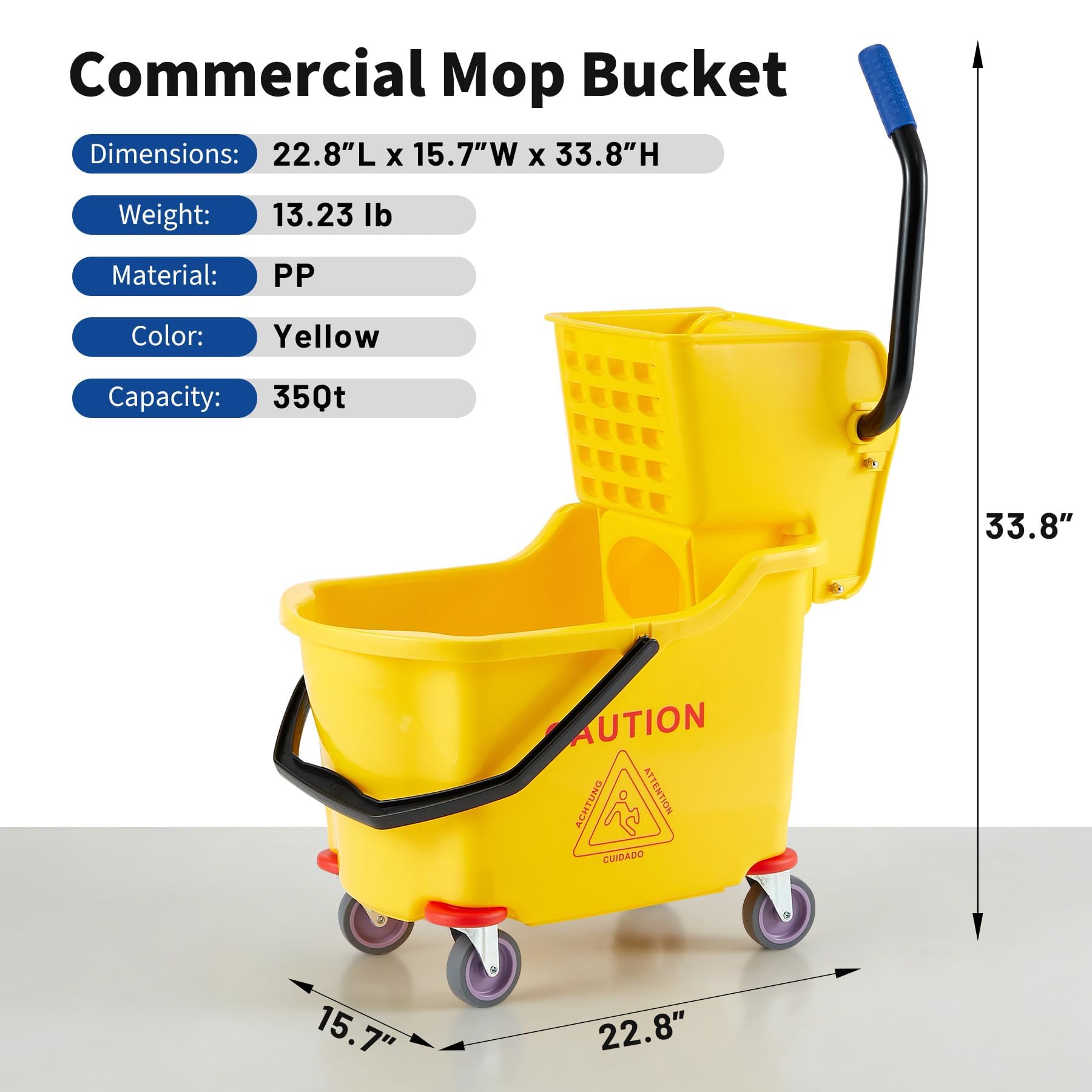 Cubo De Fregona Comercial PP 32L con Escurridor Lateral a Presión Barra De Acero Resorte Elástico 50.000 Ciclos para Limpieza Profesional Pesado Hostelería Industria