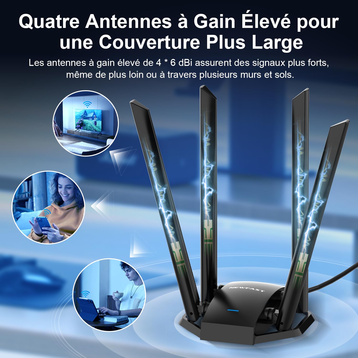 NEWFAST AC1300 Mbps Clé WiFi pour PC U329, Clé WiFi Puissante Double Bande 5G/2.4G Clé Wi-FI USB 3.0, MU-MIMO, Adaptateur USB Wi-FI avec 4 Antenne 6dBi, Compatible avec Windows XP/7/8/8.1/10/11