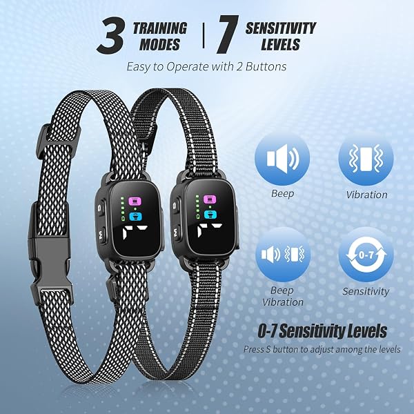 Anti Bark Collar for Small Dogs 2 Pack, No Shock Bark Collar with Beep & Vibration, 7 Sensitivity Levels, Smart Bark Detection, Rechargeable IP67 Waterproof Bark Collar for Small Dogs 5-30lbs - 2