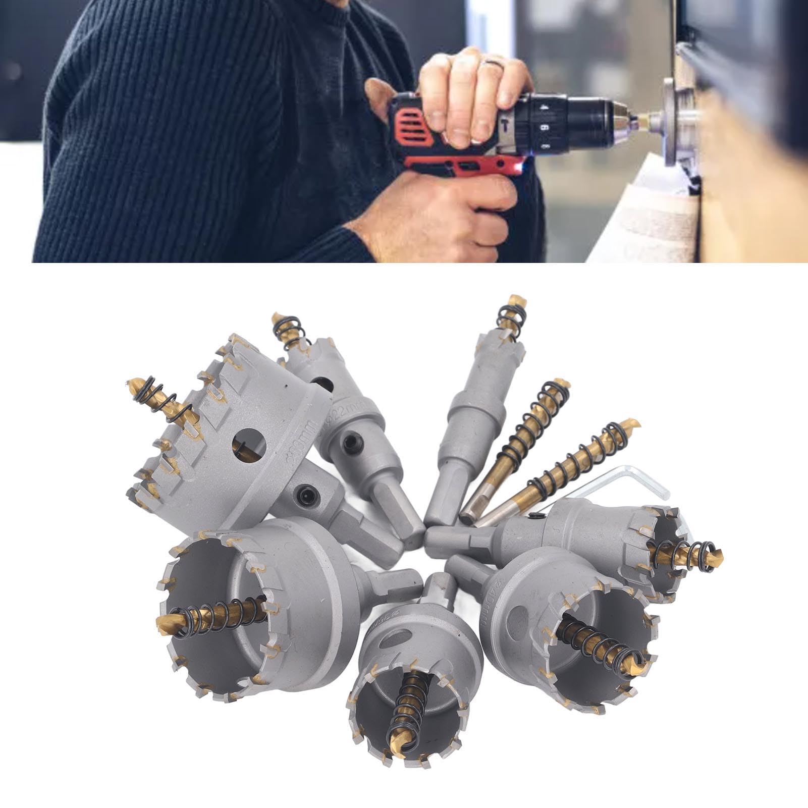 Zestaw Otwornic TCT Frez do Otworów z Węglików Spiekanych 7 szt. Chwyt 3 8 Cali Głębokość 25 Mm Płyta Metalowa Otwieracz do Otworów Stali Nierdzewnej Żeliwo Wiertła Drewna i Użytkownicy