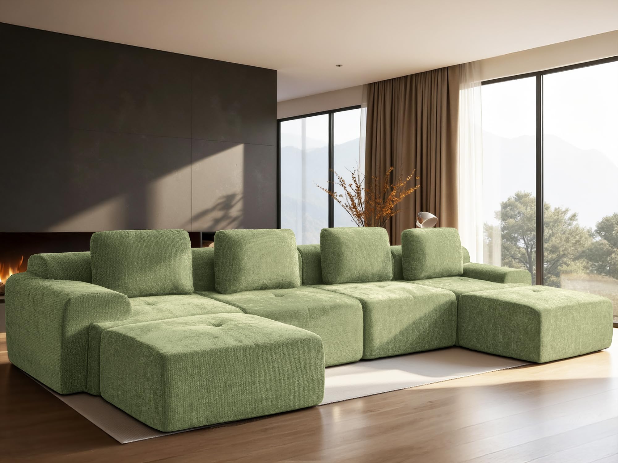 159" U-Shaped Modular Sectional Sofa, Oversized Boneless Cloud Couch for Living Room with Extra Deep Seat &amp; High Back, Tool-Free No Assembly, Soft Chenille (Olive Green, 159 inch-U shaped（4+2）)