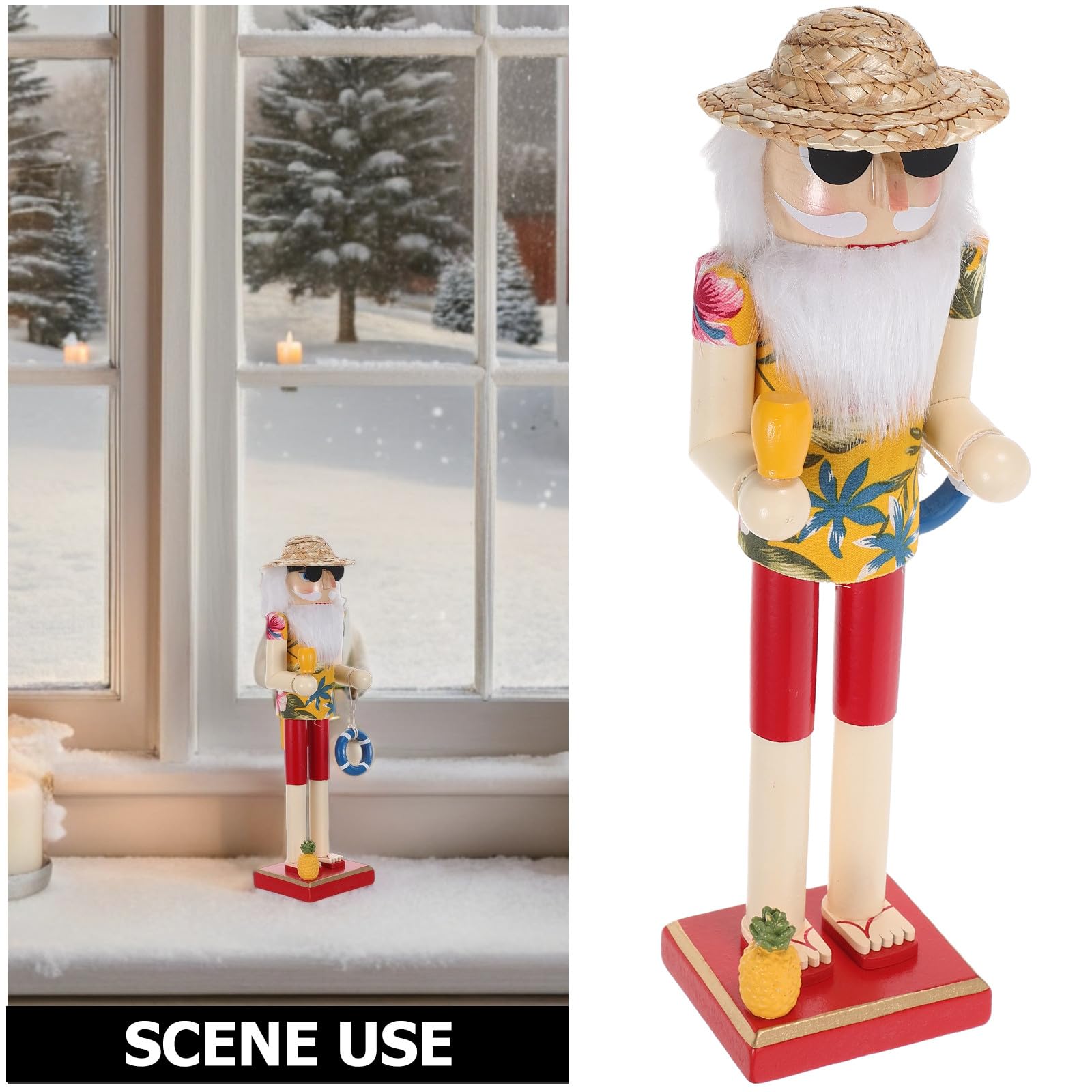 Luxshiny Festliche Nussknacker-Figur im Küstenstil, 35 cm (13,8 Zoll) große Nussknacker-Weihnachtsmann-Figur aus Holz im Hawaii-Surf-Design, sommerliche Weihnachtsdekoration für Tisch und Regal