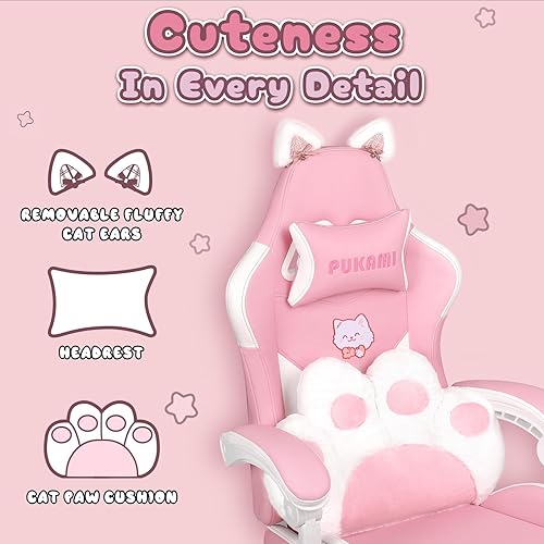Miniatura 3 de PUKAMI Silla de juegos rosa linda con orejas de gato y cojín lumbar de pata de gato, silla ergonómica para computadora para niña con reposapiés y