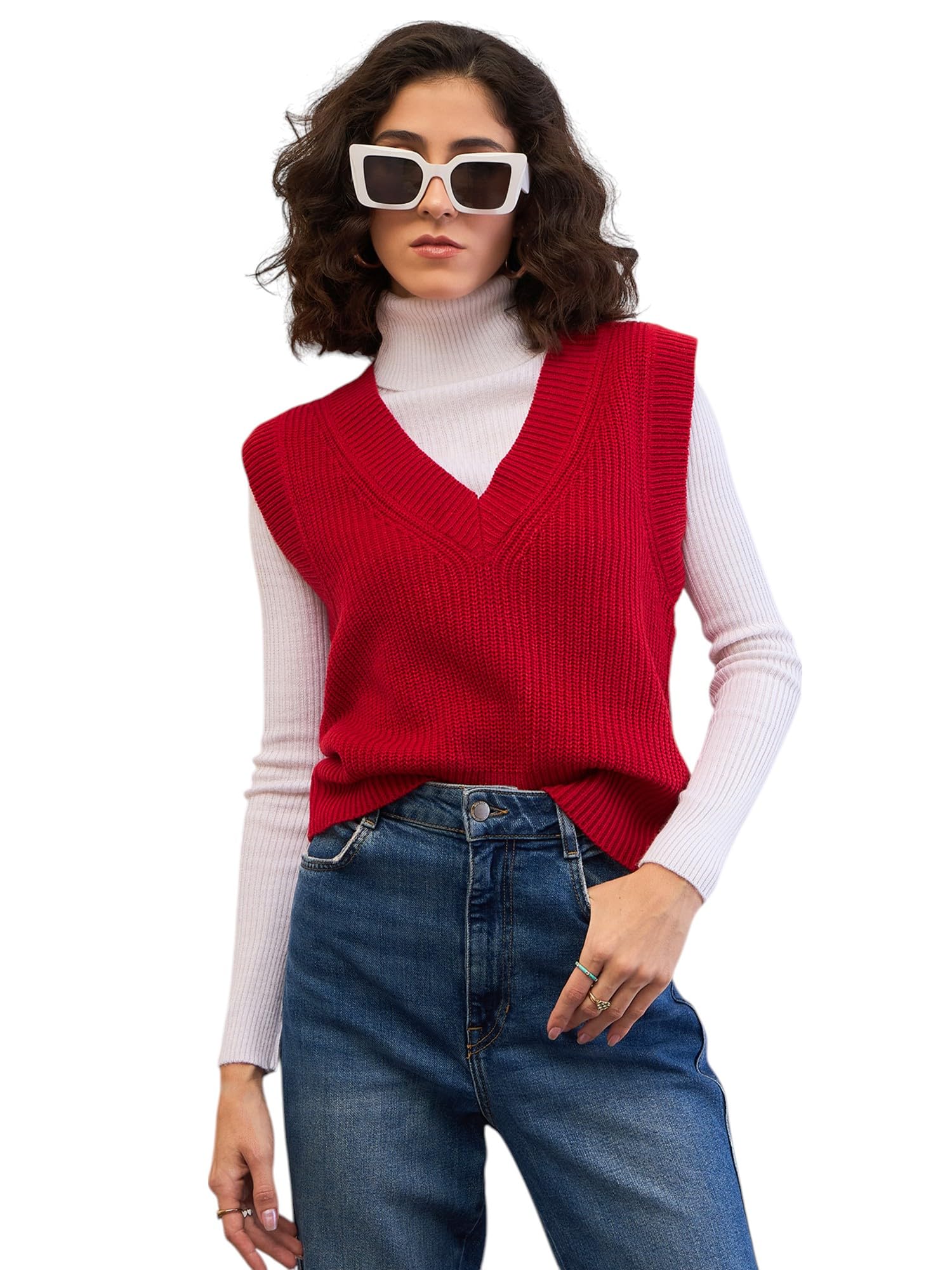 Red Solid V-Neck Sweater Vest