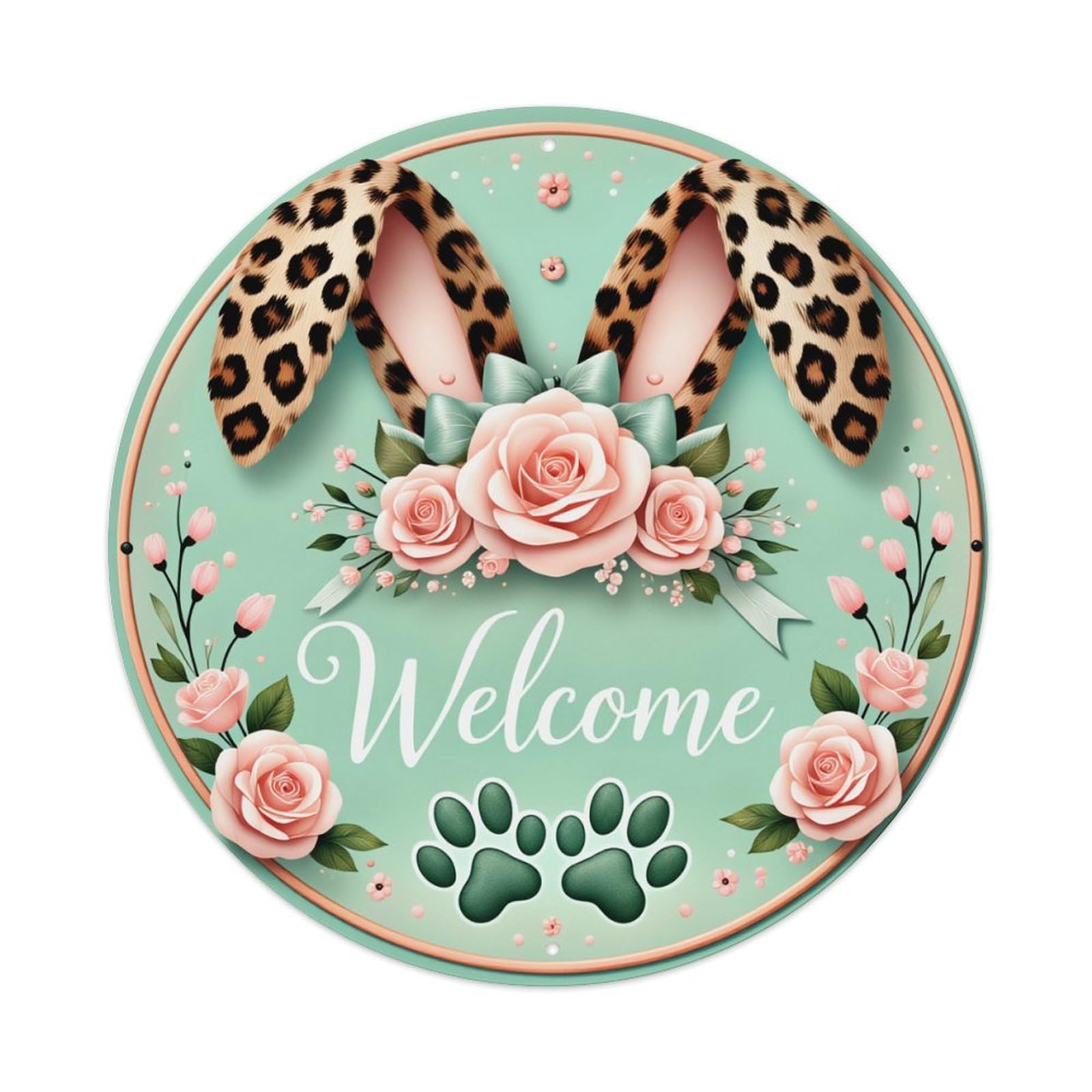 Leopard Ears Roses Paw Print Welcome Round Tin Sign Vintage Metal Poster, Home Bar Garage Man Cave Cafe Indoor & Outdoor Wall Decoration 8x8Inches