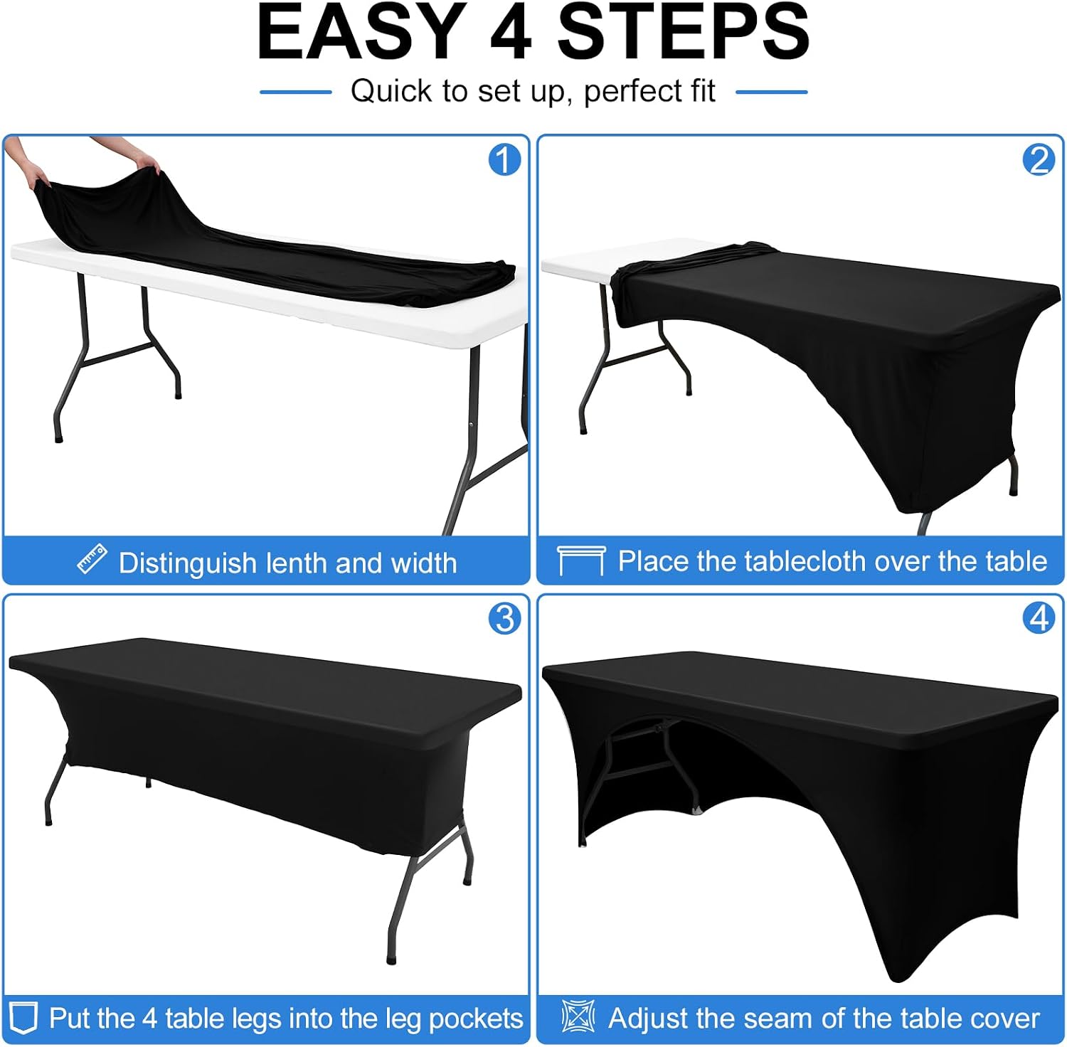 Smiry Open Back Spandex Table Cloth 6FT, One Side Elastic Fitted Tablecloth | Washable Stretch Black Tablecloths, Wrinkle Free Rectangle Trade Shows Table Cover for Wedding, Banquet, Outdoor Parties