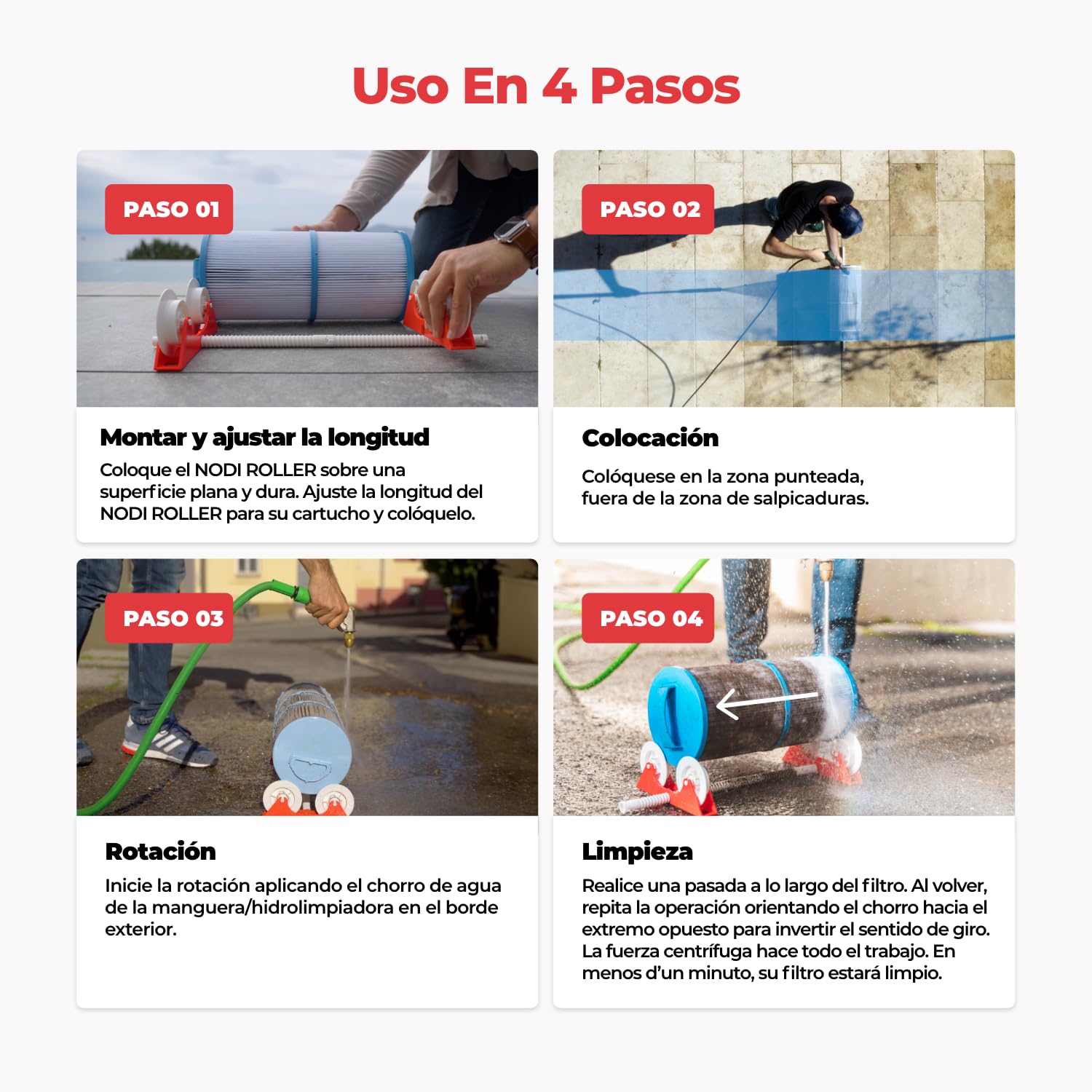 NODI Roller – Limpiador Rotativo de Cartuchos Filtro Piscina y SPA | Limpia en 1 Min | Ahorra 90% Agua | Limpio y Sin Esfuerzo | Compatible 95% Cartuchos | Chorro Potente o Hidrolimpiadora