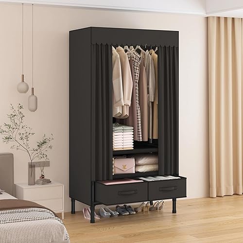 Miniatura 2 de Armario portátil, perchero resistente con cubierta, armario con 1 varillas para colgar, 2 estantes de almacenamiento y 2 cajones, 27.5 pulgadas de