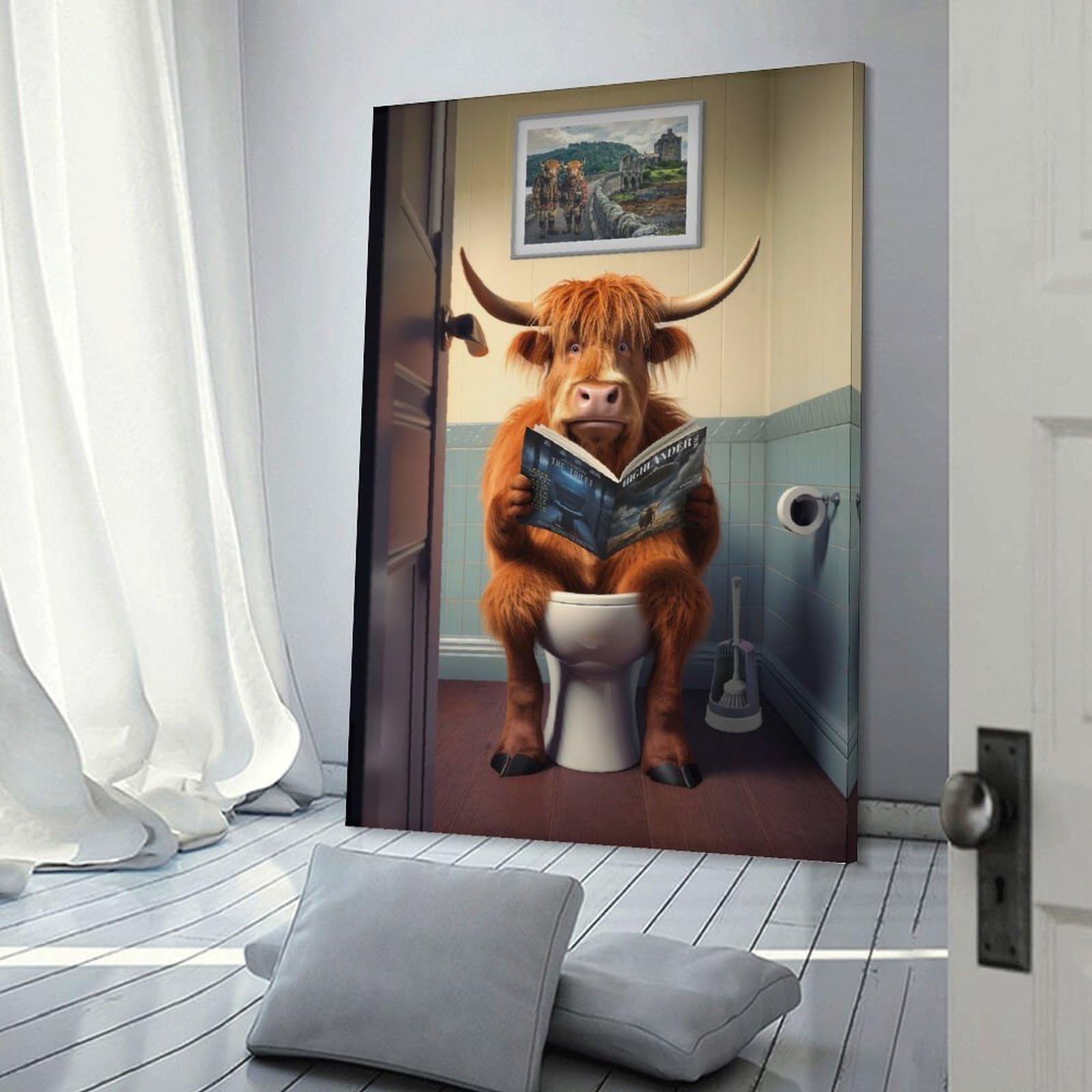 Junmoney Frame-Style-15-1 Highland Cow On The Toilet Canvas Wall Decor, 24X36inch(60X90cm), For Flats, Guest Rooms Or Compact Rooms, Decorative Canvas Decor For Home Updates