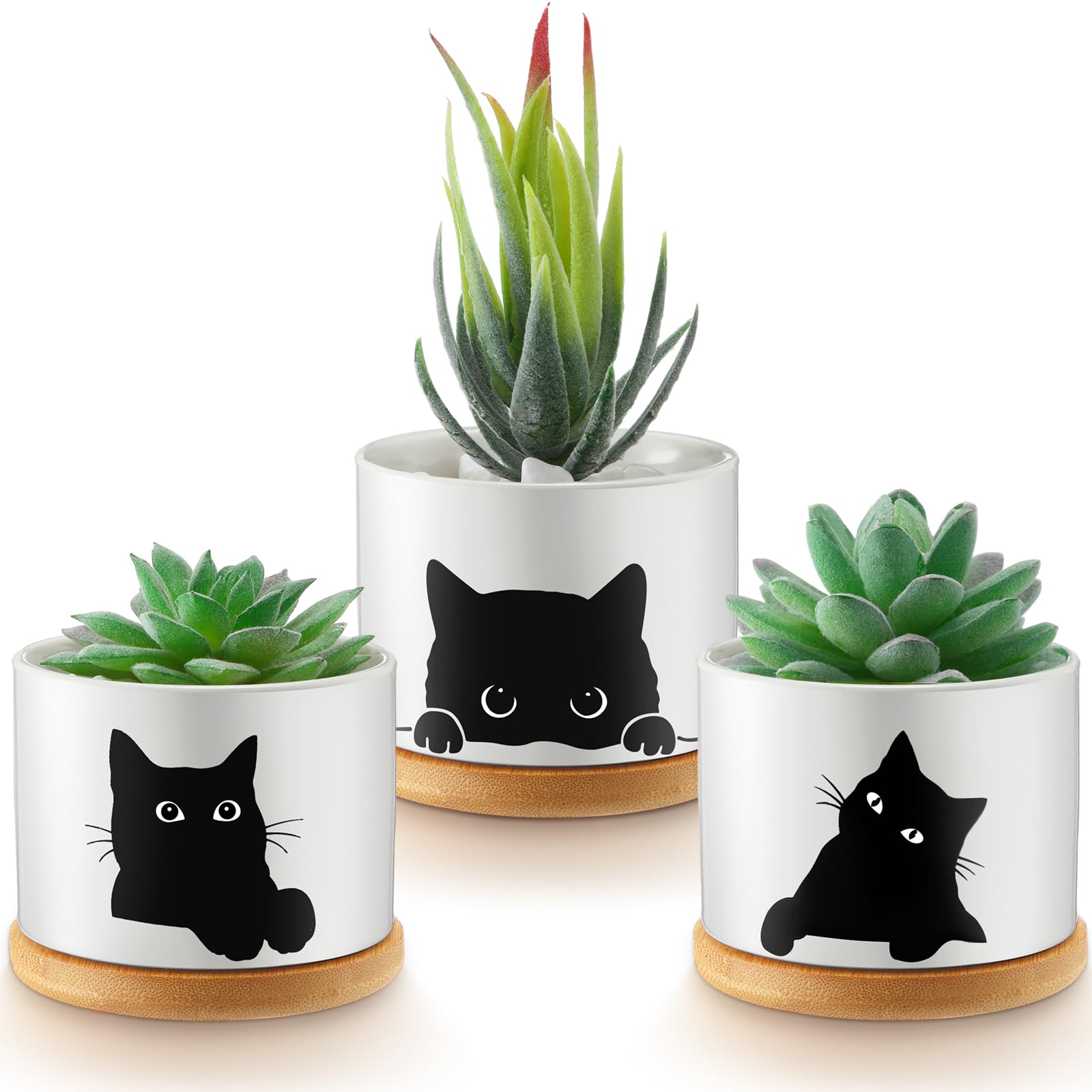 Honeydak Funny Succulent Black Cat Plant Pots 3.15 Inch Ceramic Flower Pots With Bamboo Tray, Drainage Hole - Cute Birthday Gifts for Women,