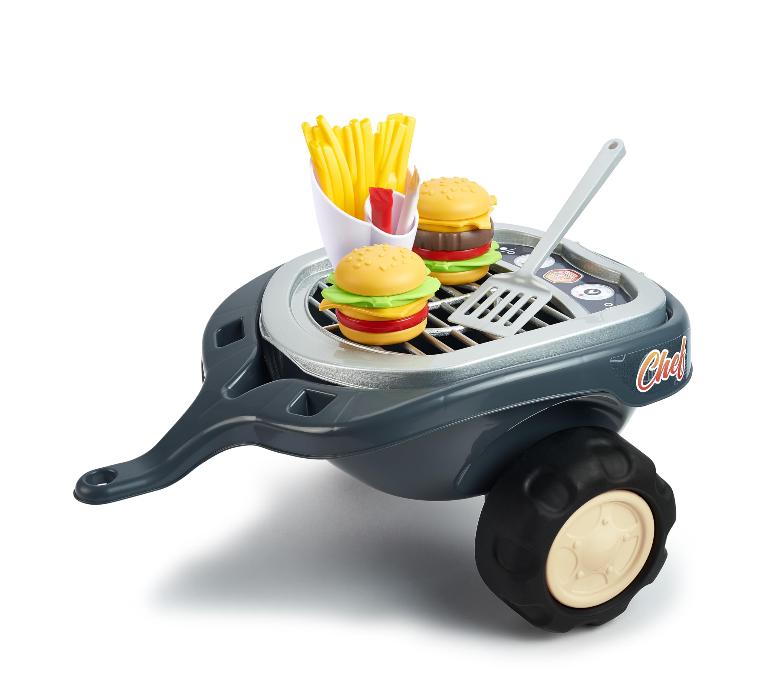 Falk – Portador Food Truck Gourmet Burger – A Partir de 12 Meses – Gris – Volante direccional con bocina – Palanca de Efecto sonoro – Baúl de Almacenamiento – Remolque BBQ & Accesorios – 707C