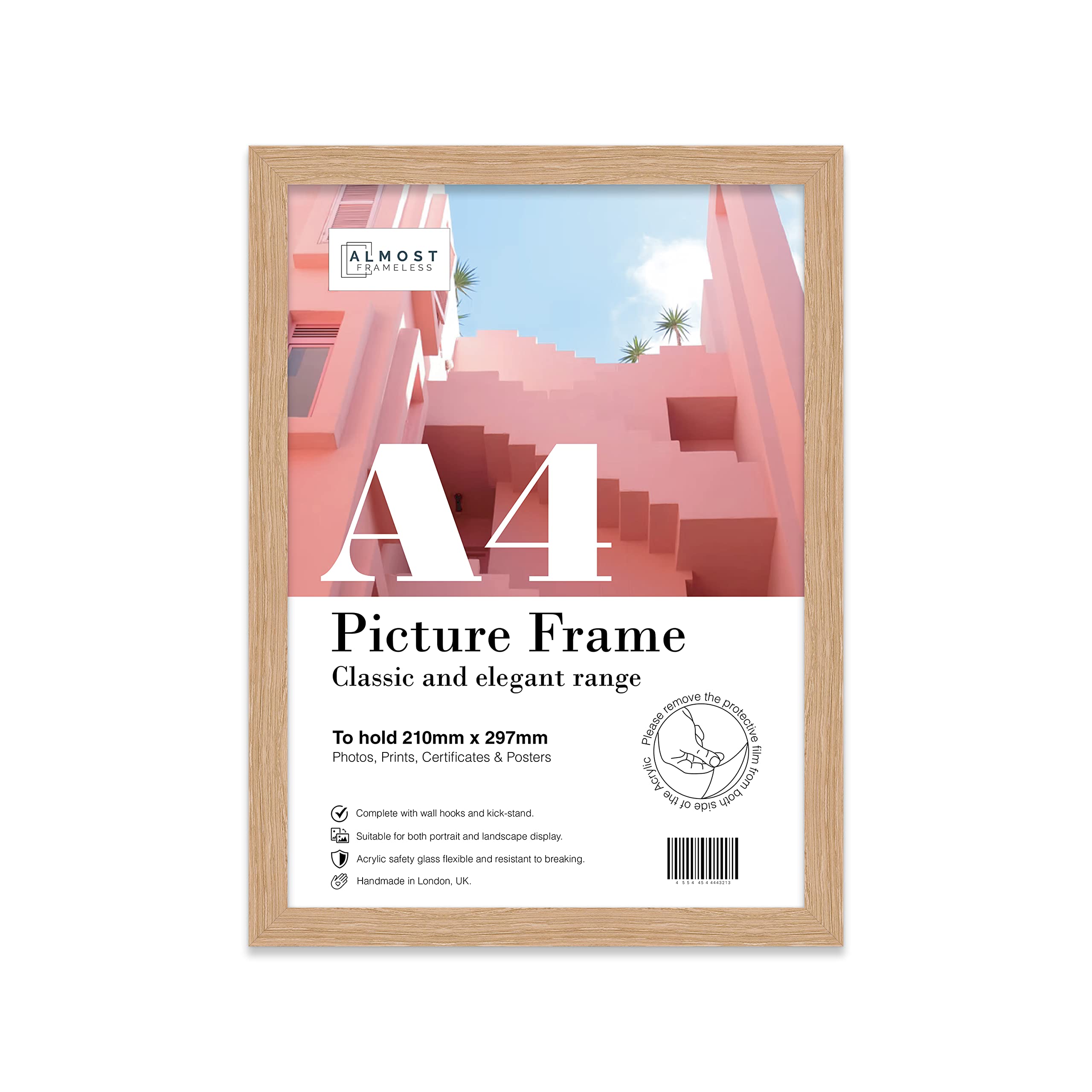 Almost Frameless A4 Oak Picture Frame Fits A4 (21 x 29.7cm - 8.3 x 11.7in) Poster, Photo, Artwork, or Print. Thin Edge Slim Frame Portrait and Landscape Display with Wall Hooks