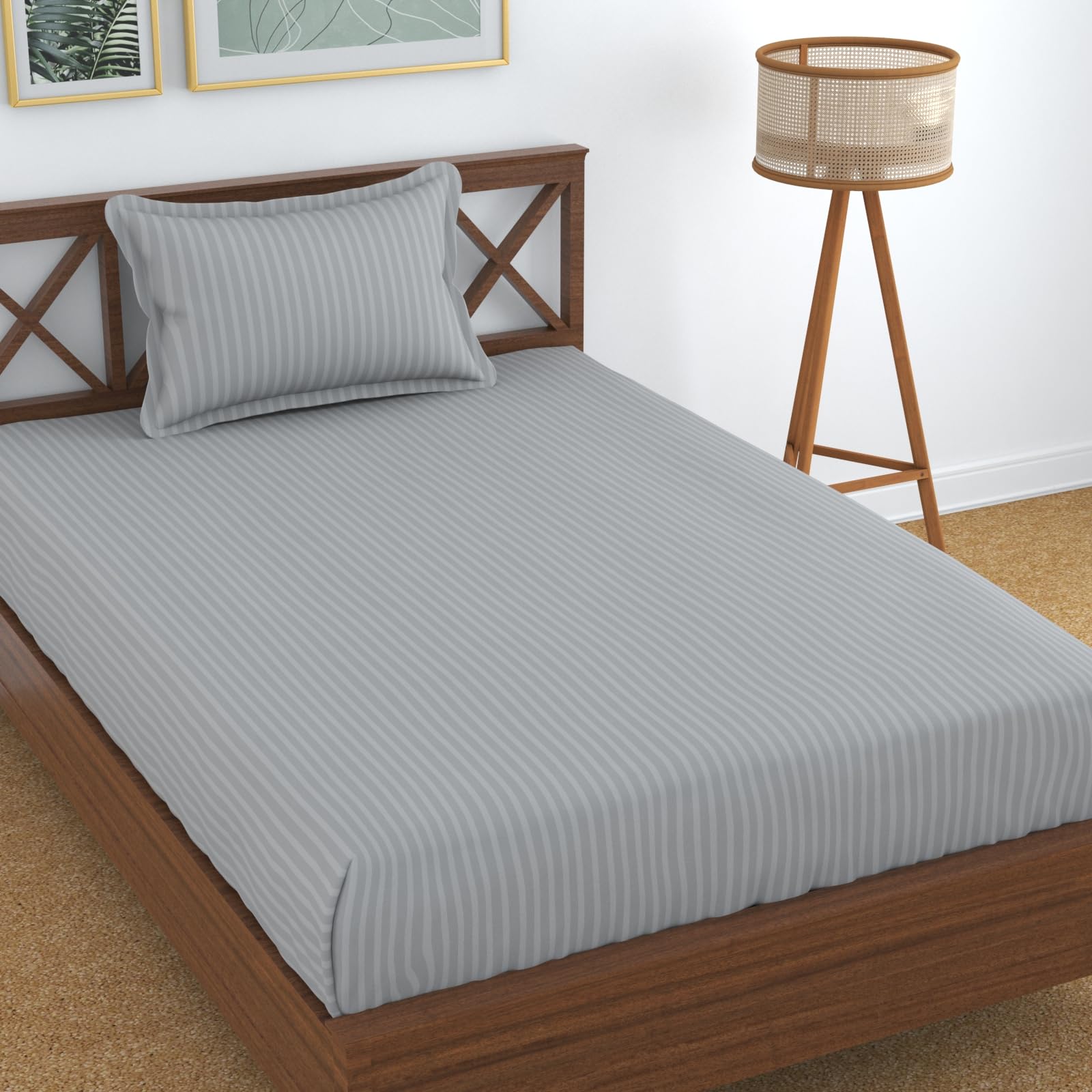 Homefab India 160 TC Stripe Glace Cotton Single BedSheet with 1 Pillow Cover - Silver discount deal